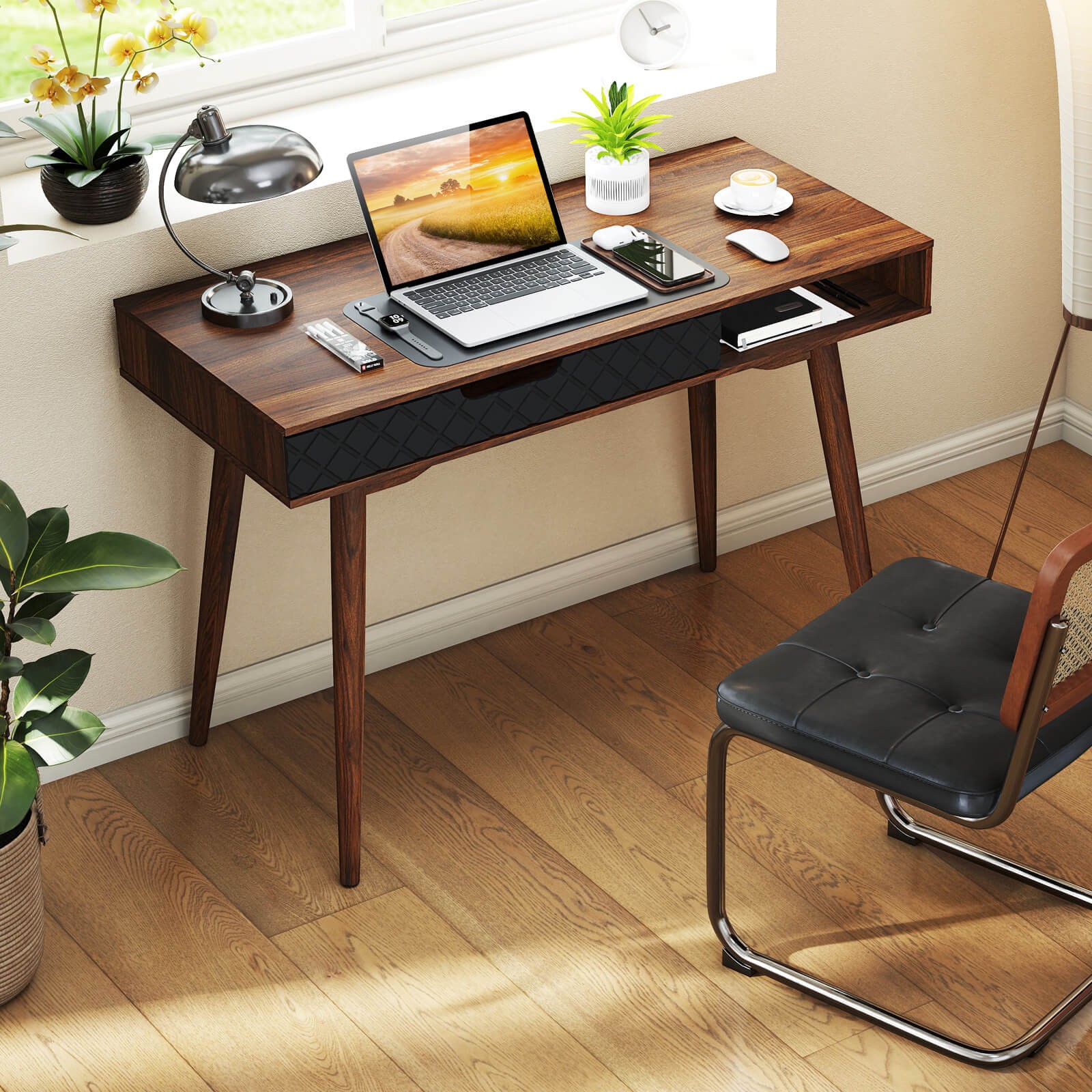 Mid-Century Modern Computer Desk w/ Drawer & Open Compartment,Rubber Wood Legs