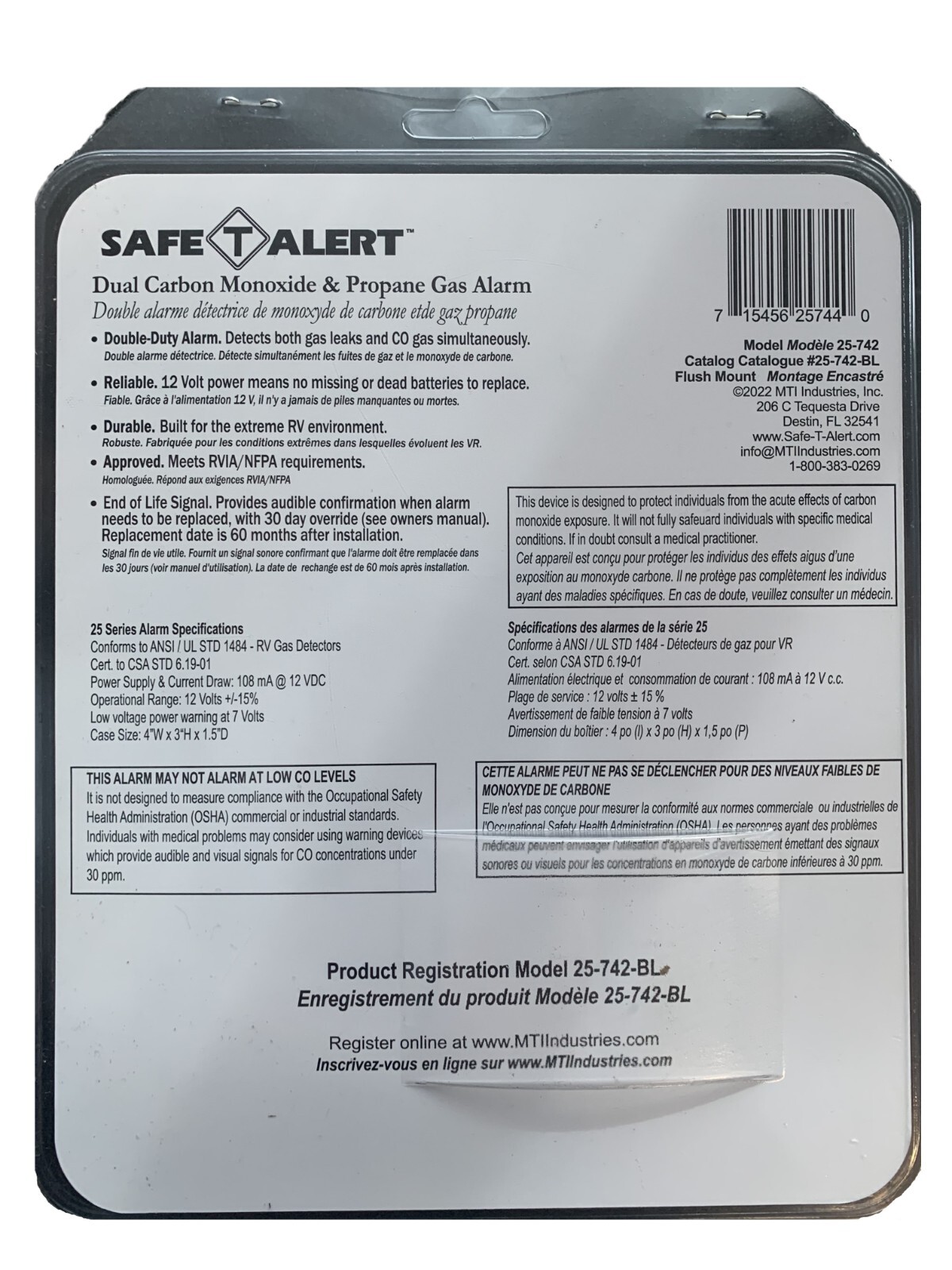 RV Carbon Monoxide(CO) Propane(LP) Safe-T-Alert MTI Leak Detector 25-742-BL