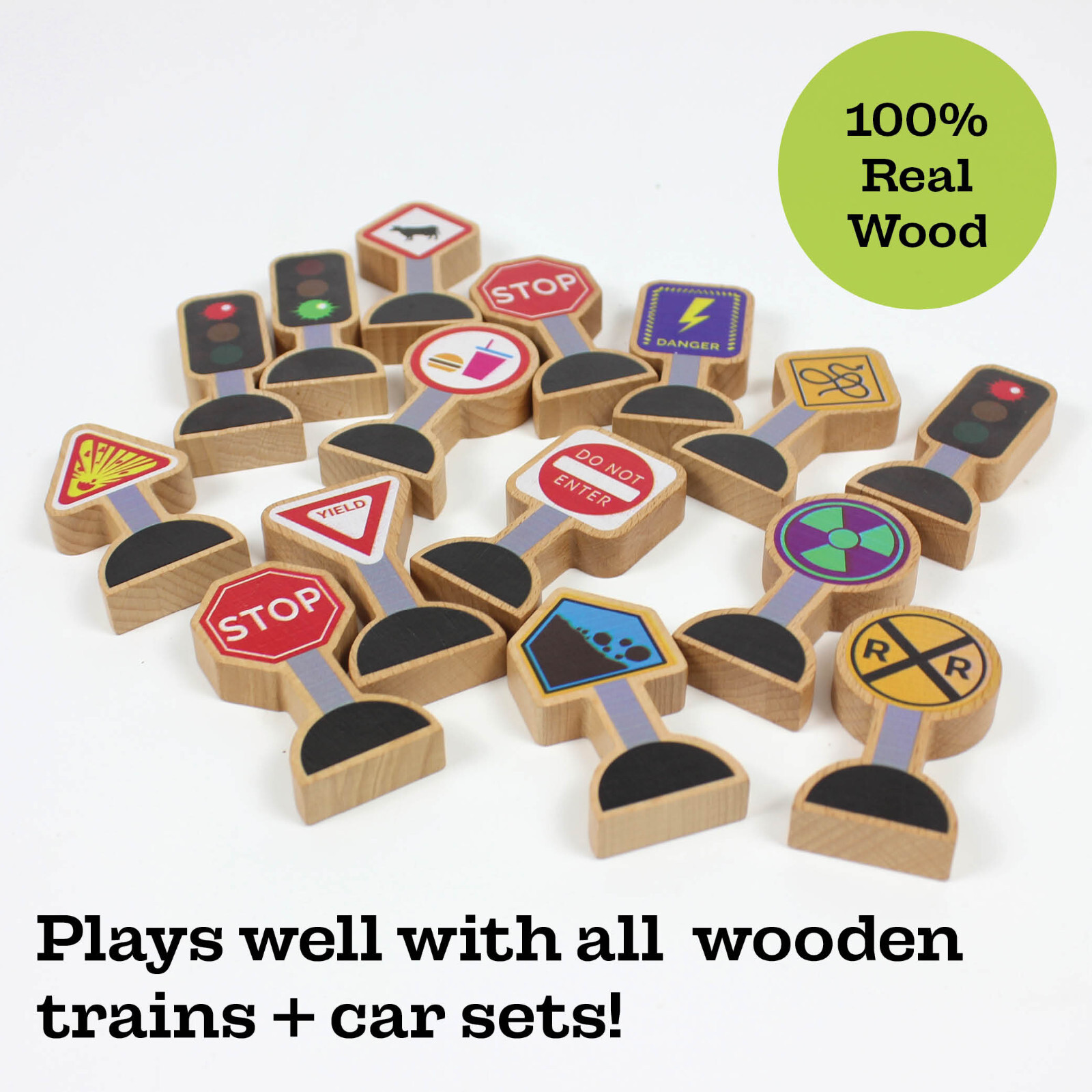 15 Pieces - Wooden Traffic Signs For Kids - Zany Trains Street Signs For Trains