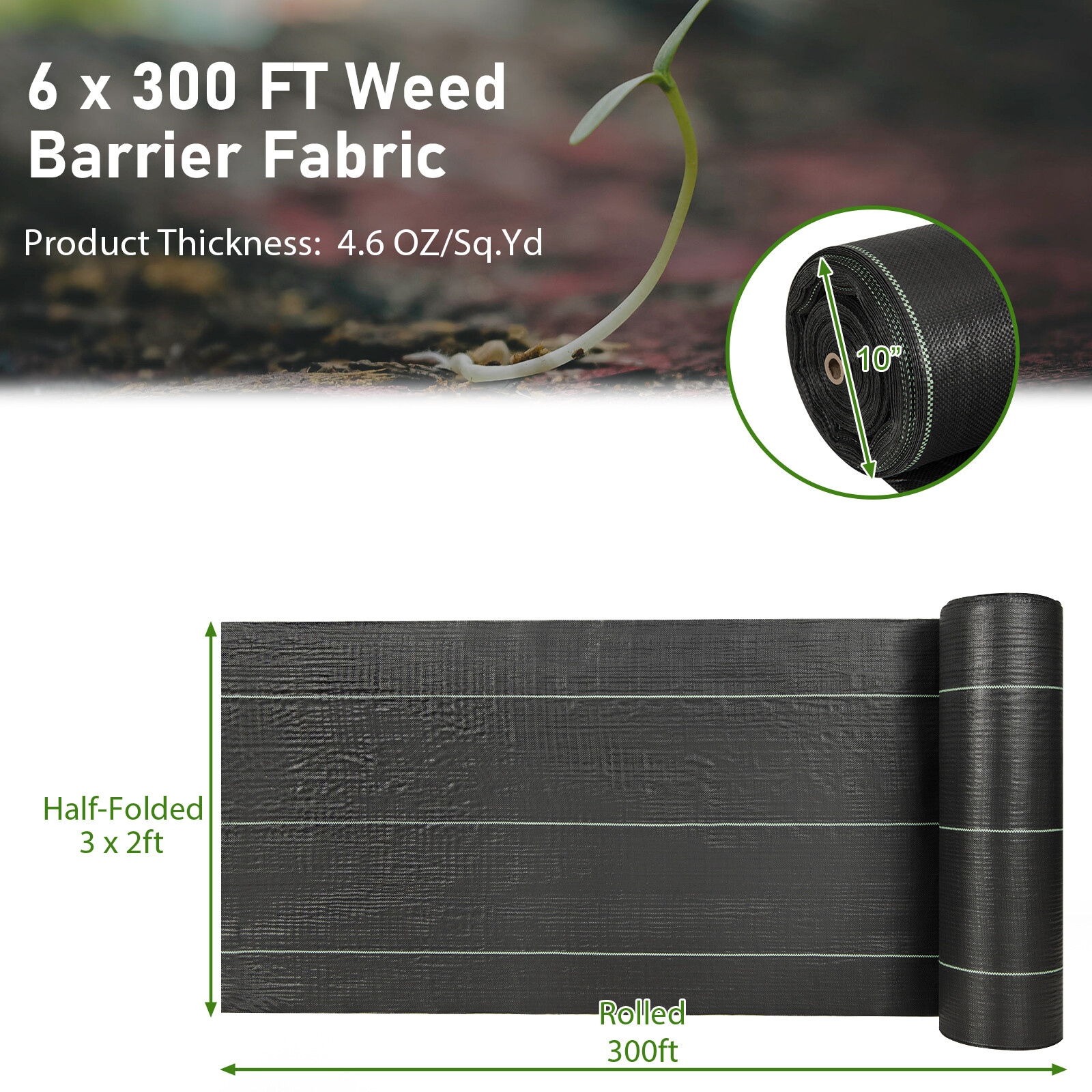 6 x 300 FT Weed Barrier Landscape Fabric 4.6 OZ Heavy-Duty PP Ground Cover