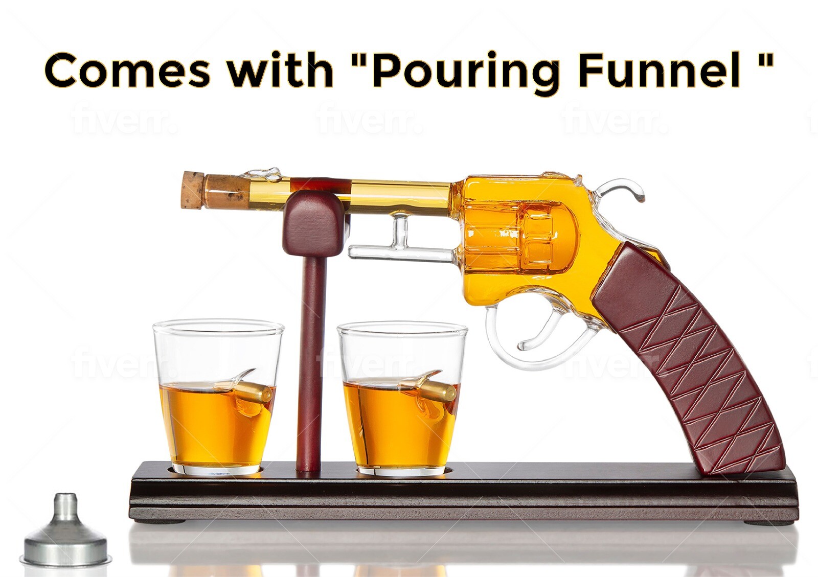 Gun Whiskey Decanter With A Set Of 2 Bullet Glasses & Mahogany Wooden Base 100ml