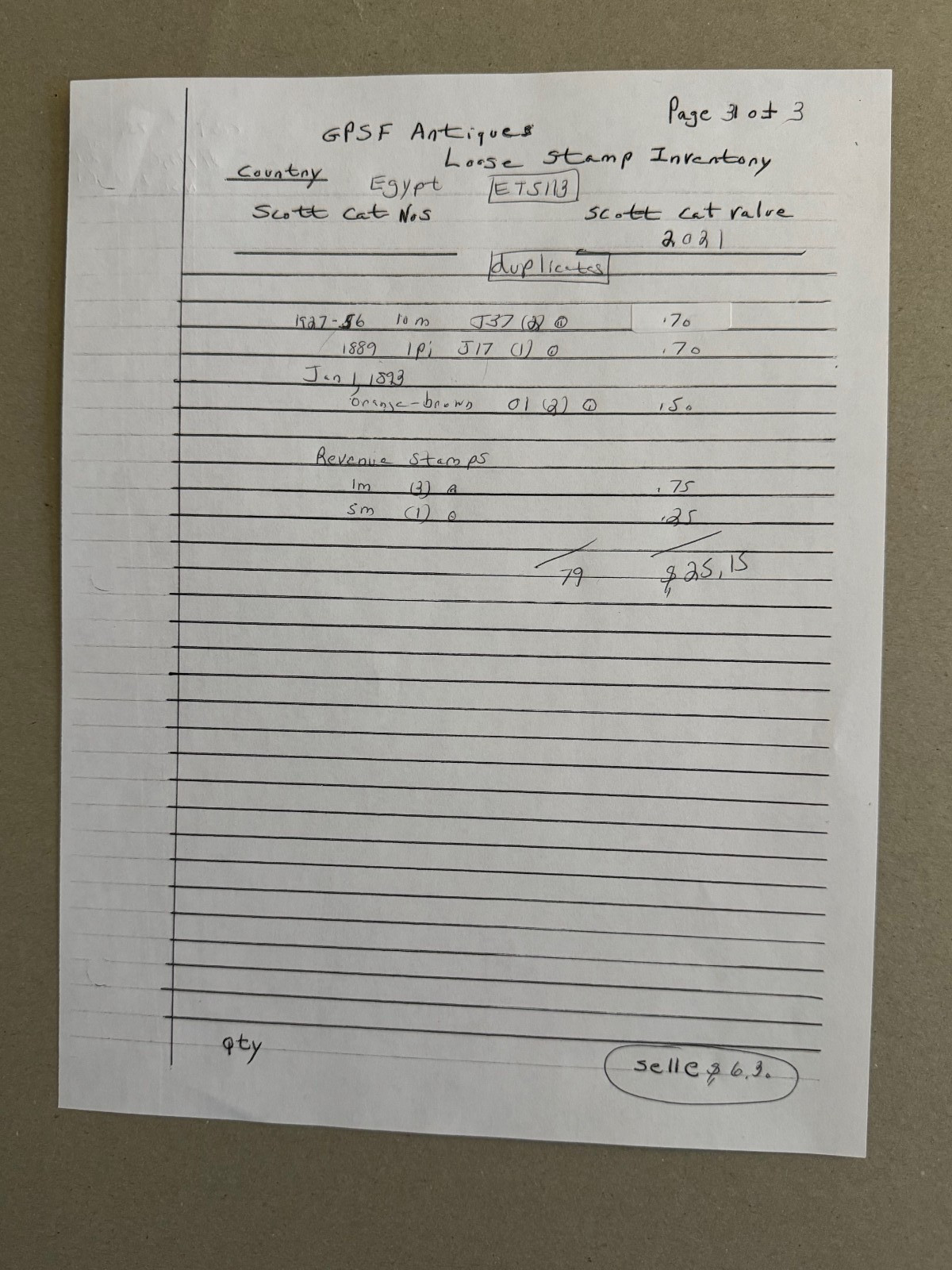 Egypt group of 79 stamps loose Scott Cat 22/O1,Revenue 1872-1953 dups