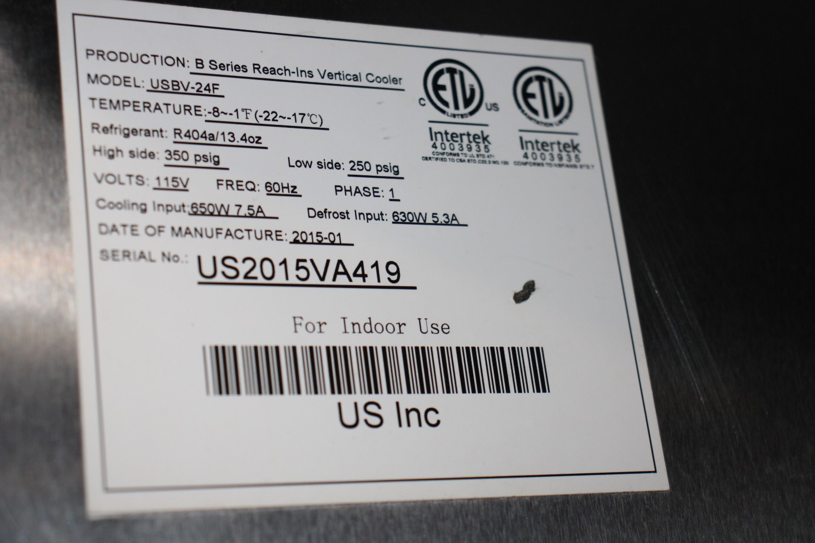 US REFRIDGERATION FREEZER COMMERCIAL SINGLE DOOR REACH IN USBV-24F, Used, Clean