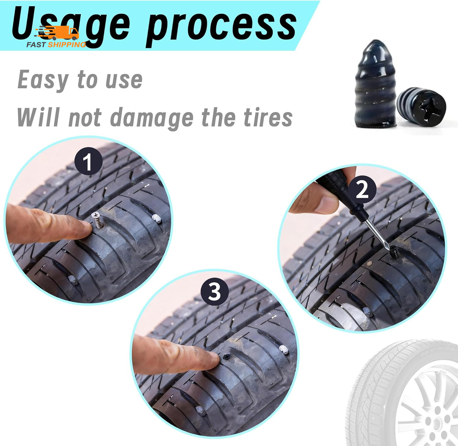 60 PCS Tire Plugs Screw Type, Tubeless Tire Repair Rubber Nail Kit, Quickfix Tir