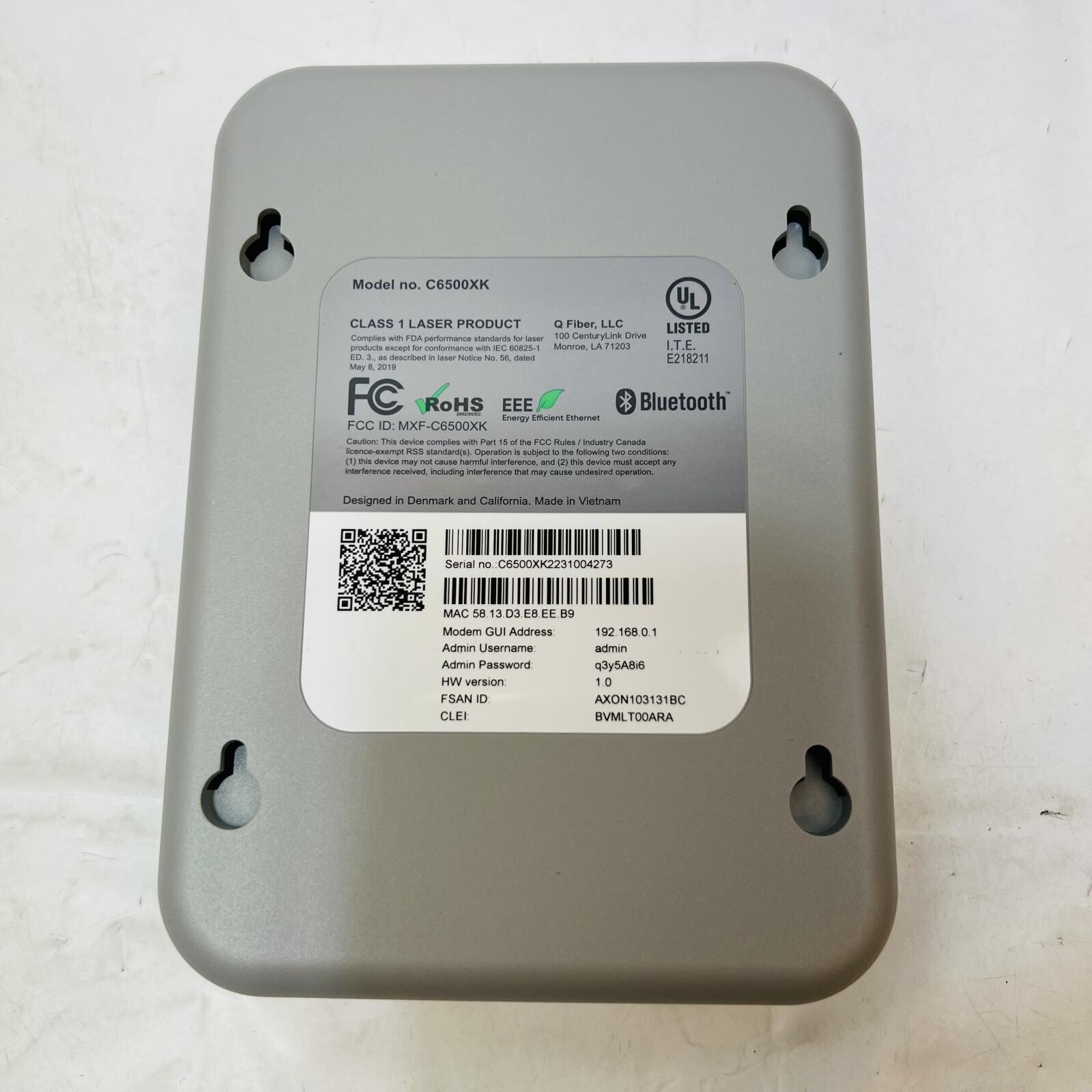 Quantum Fiber C6500xk Fiber-optic Wall Modem/router