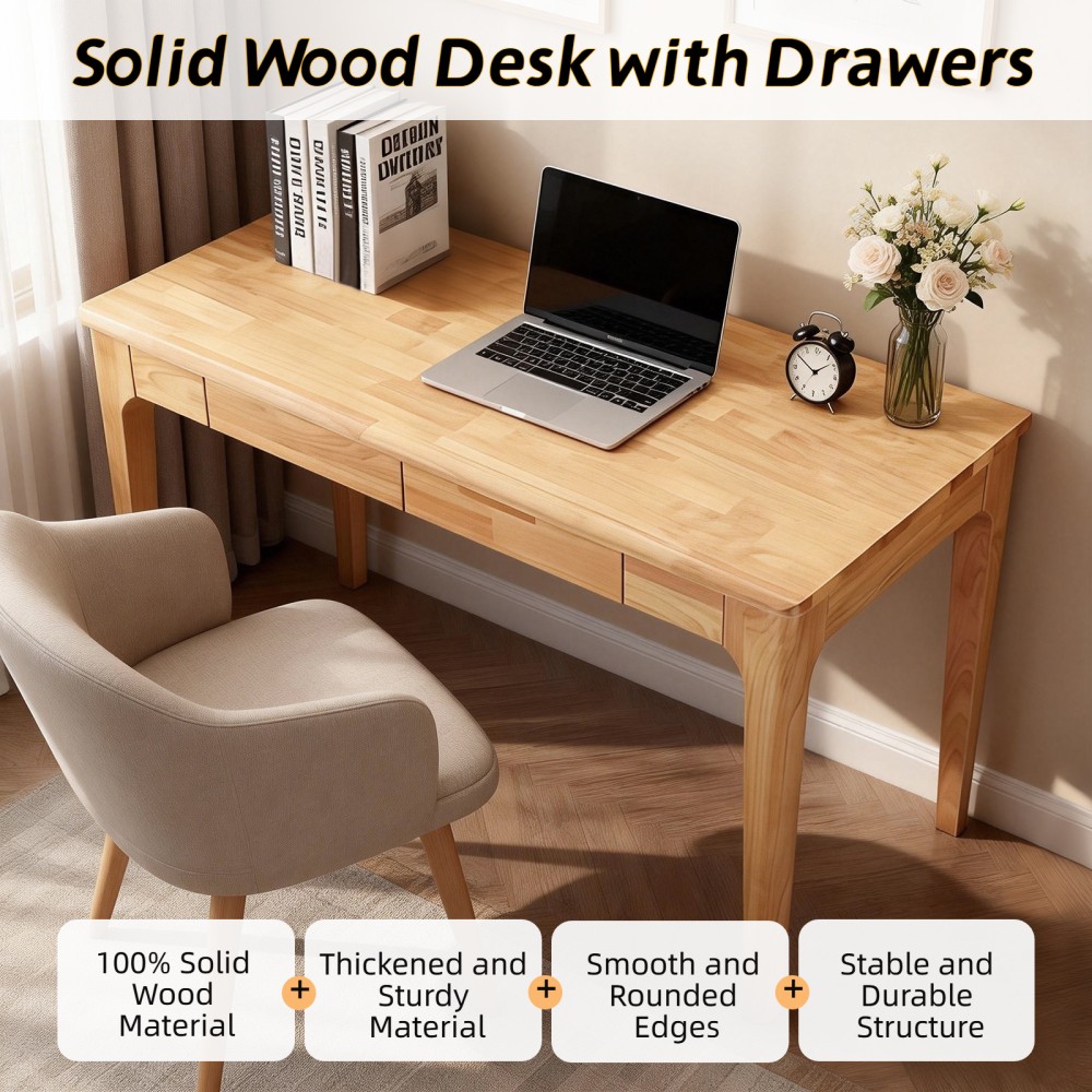 Solid Wood Desk w/ Drawers, Mid-Century Modern Home Office Desk, Study Bedroom