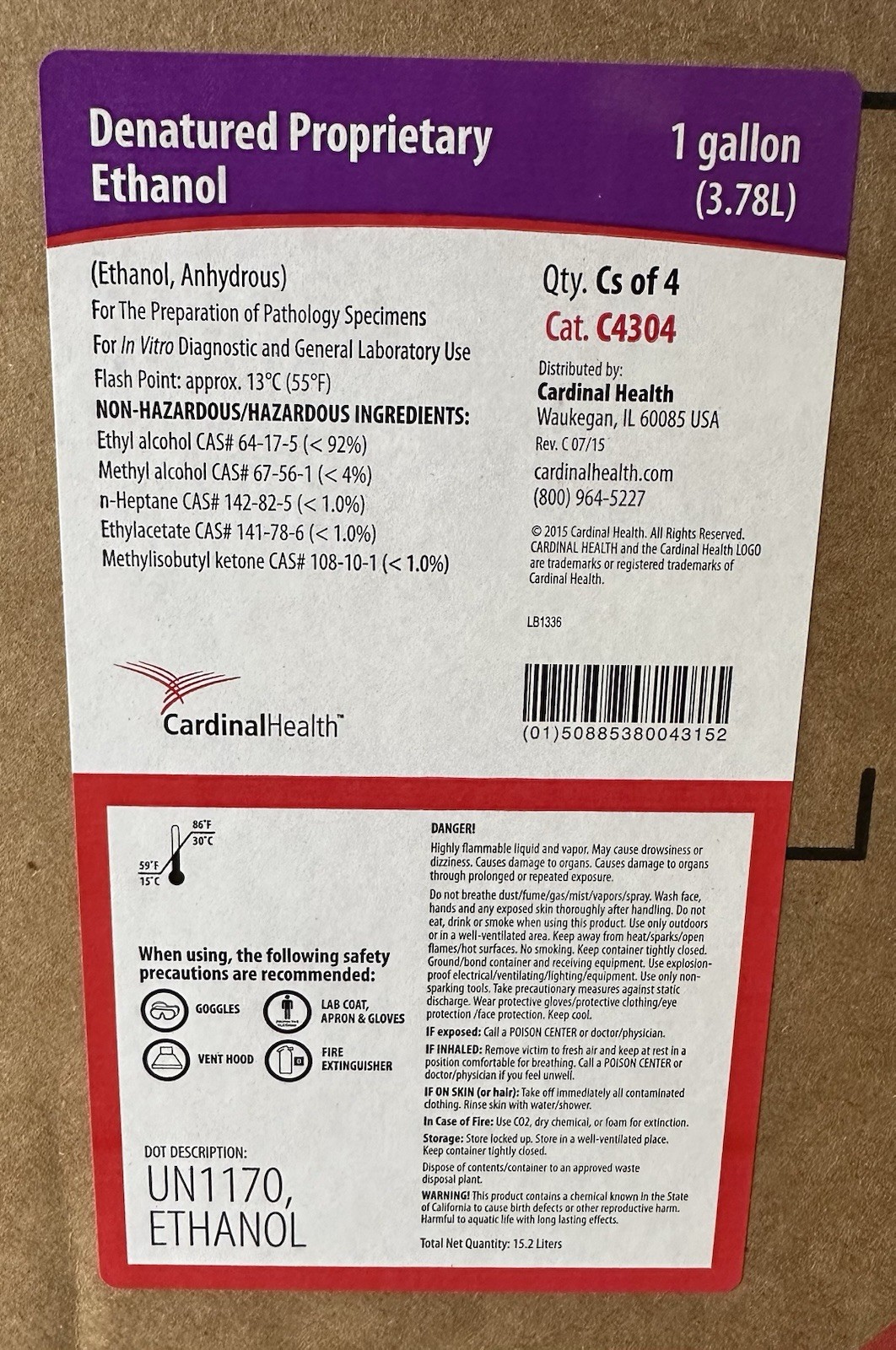 (1 Gallon) 128 oz Denatured Alcohol (Ethanol) 190 proof Cardinal Health