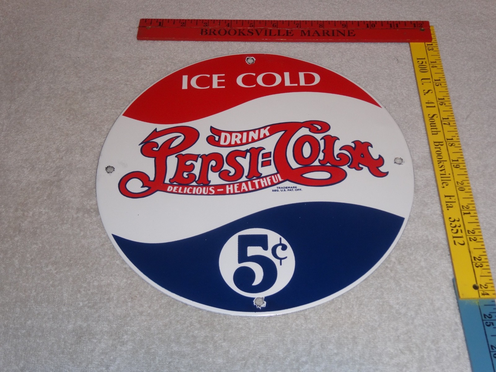 VINTAGE DRINK PEPSI COLA 5 CENTS! 11 3/4" PORCELAIN METAL SODA GASOLINE OIL SIGN