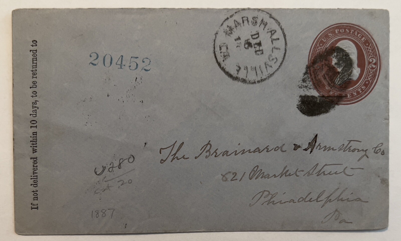 1887 MARSHALLSVILLE GEORGIA COVER TO MARKET STREET PHILADELPHIA BACKSTAMPED