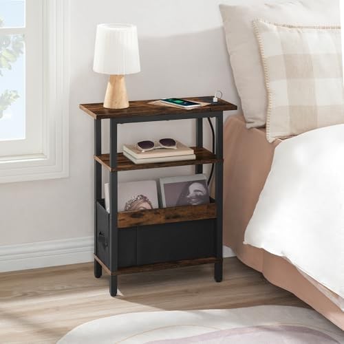 Narrow Side Table with Charging Station, Slim End Table with Rustic Brown