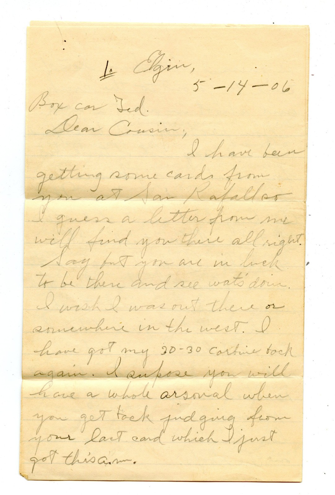 Letter Sent From Elgin Illlinois 1906 Describing Accident Playing With a Gun