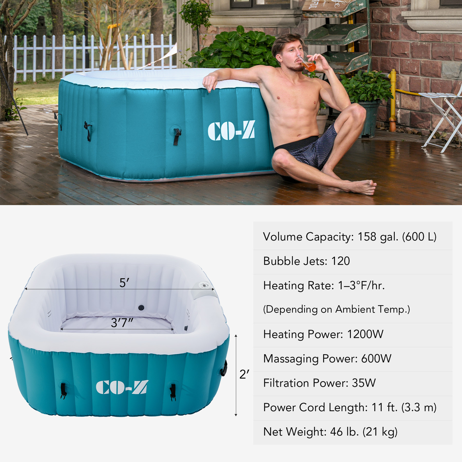 CO-Z Inflatable Spa Tub w 120 Air Jets Heater Air Pump Outdoor Square Hot Tub