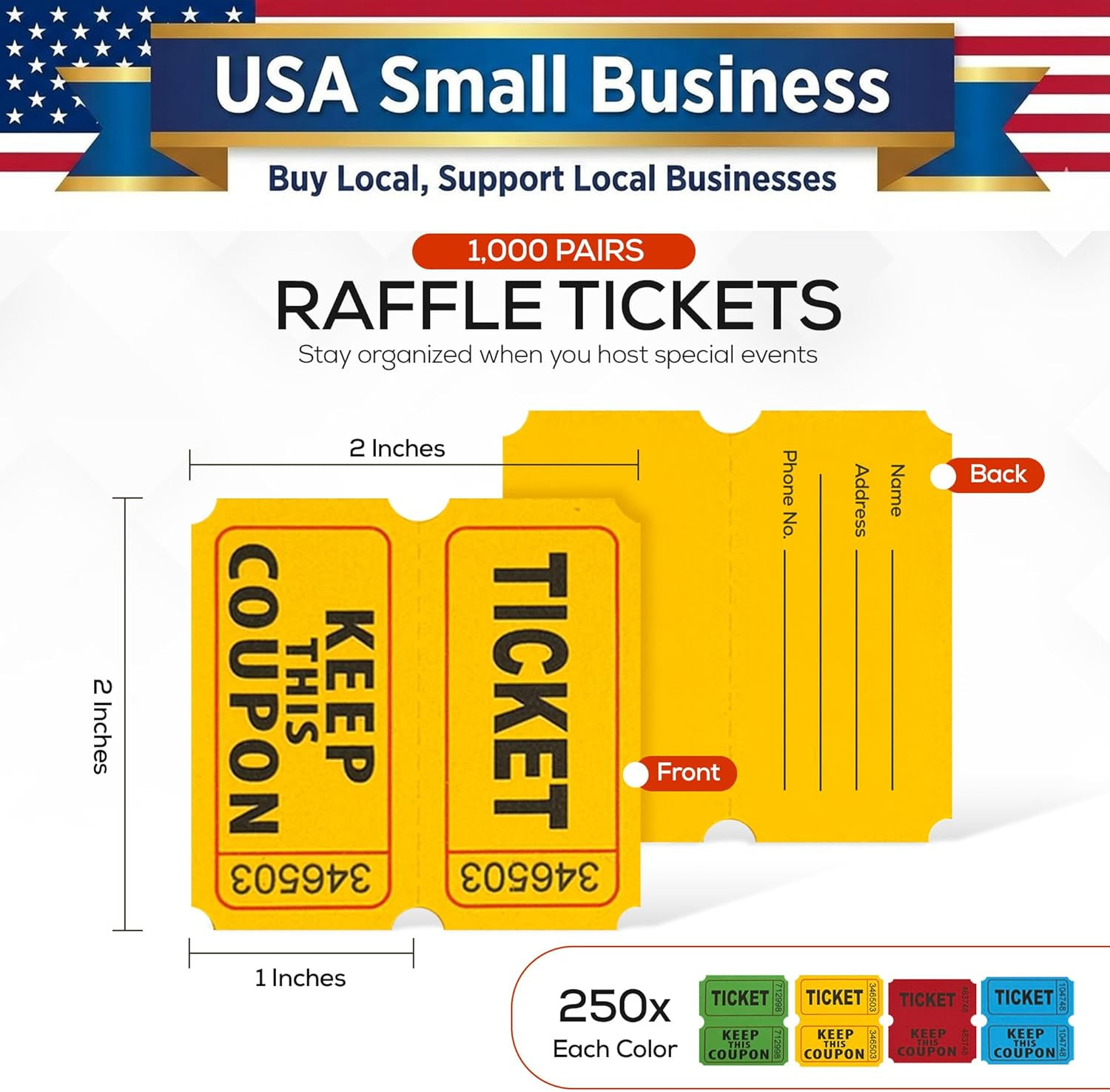 1000 Pairs (2000 Pcs) Raffle Tickets, 50/50 Double Raffle Tickets (Blue/Red/Gree