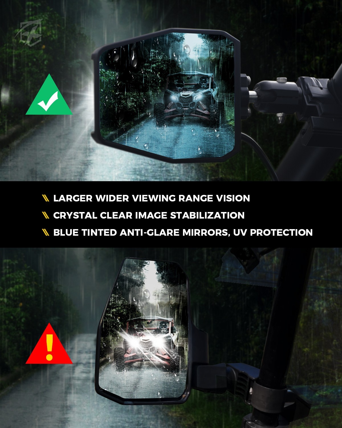 UTV Rear View Side Mirrors W/ Yellow Spot Puddle Lights for 1.75"-2" Roll Cage