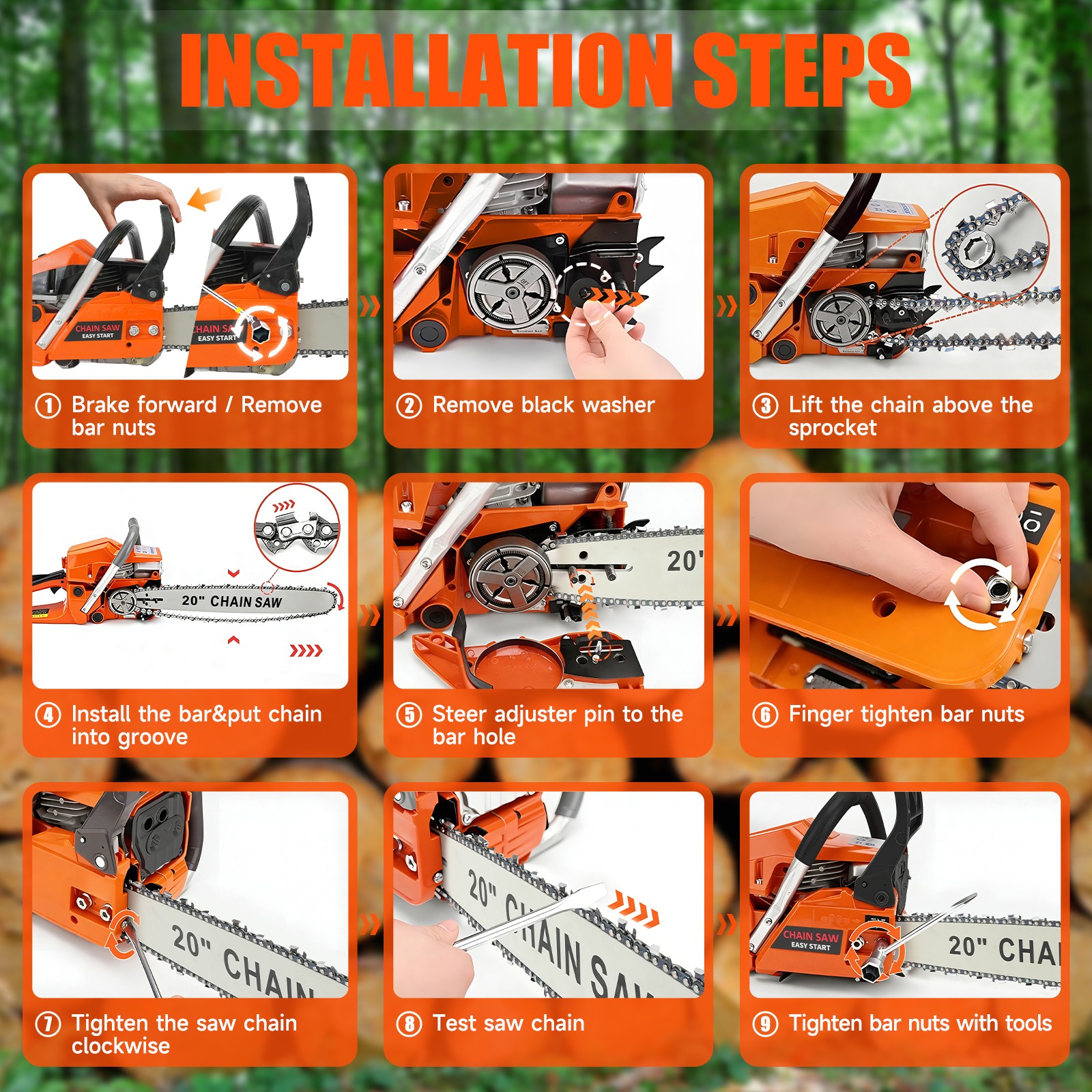 62cc Gas Powered Chainsaw with 20'' Guide Bar Saw Chain 2-Stroke Engine Cut Wood