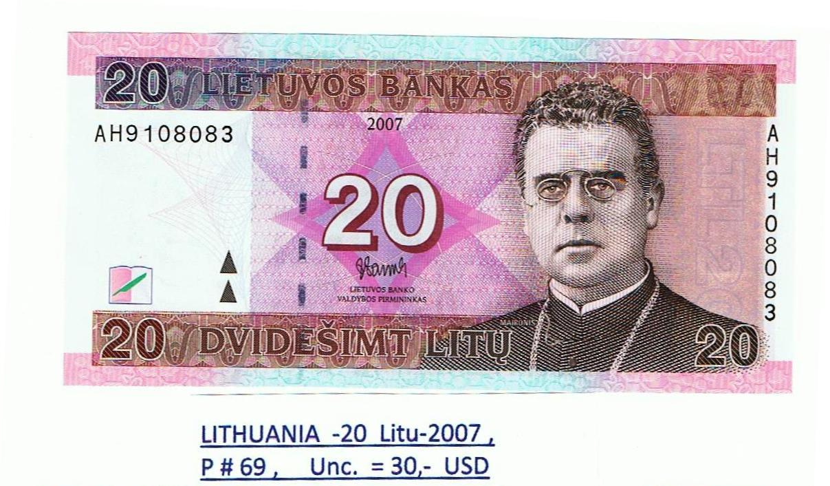 Lithuania - 20 Litu 2007 P#69 UNC!