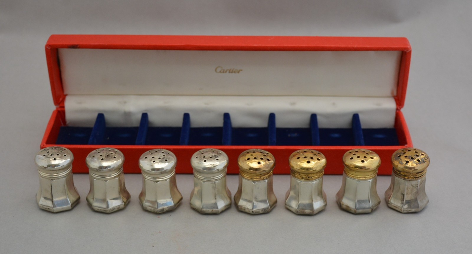 Cartier Silver Salt Pepper Shakers - Set of 8 - Original Box - 4 Gold Plated Lid