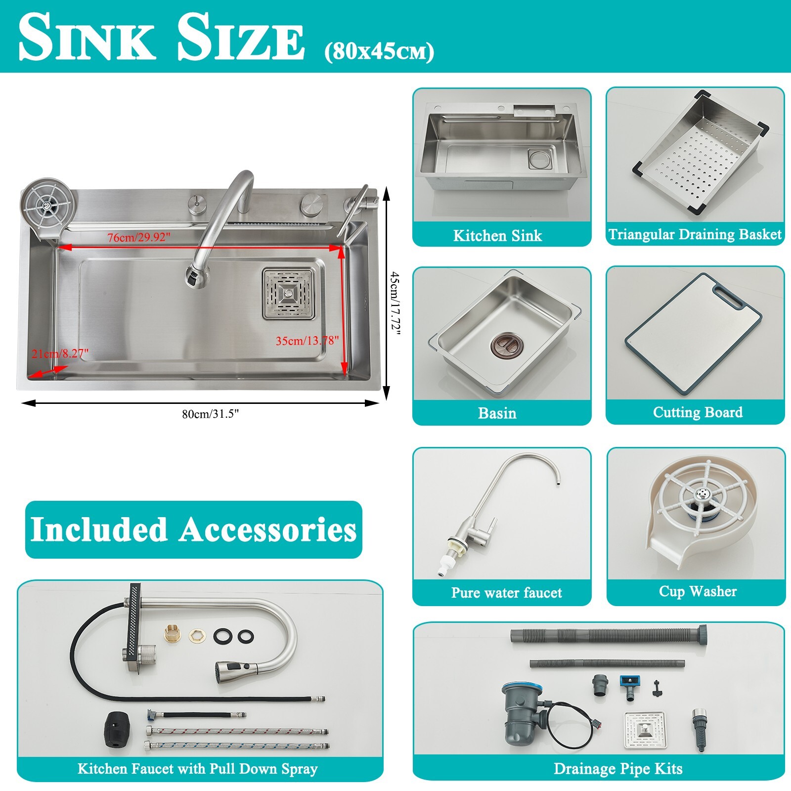 31.5" Flying Rain Waterfall Kitchen Sink Stainless Steel Single Bowl with Faucet