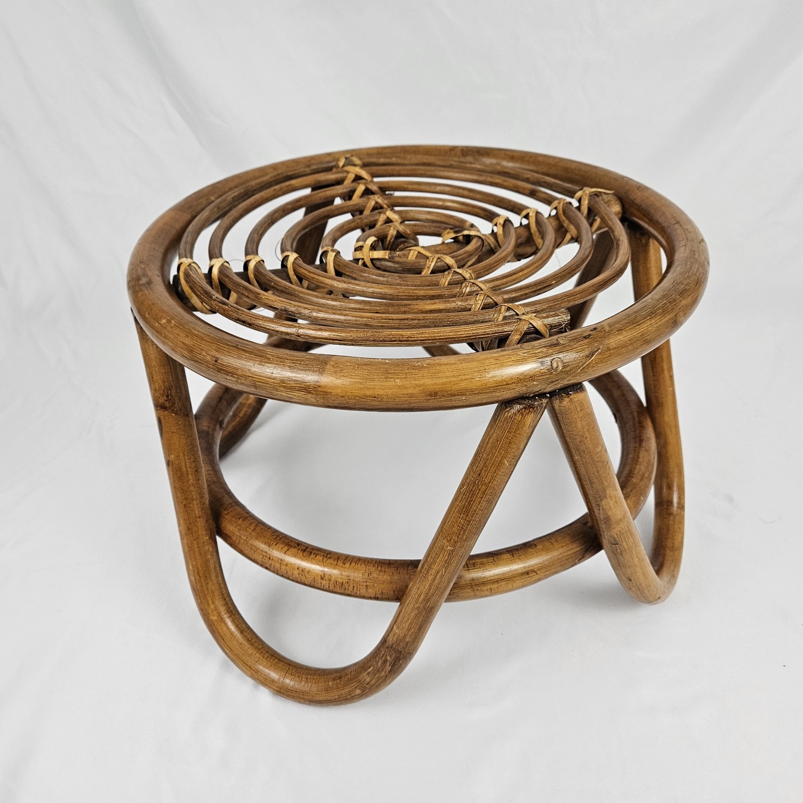 Vintage Rattan Footstool Ottoman Plant Stand Bent Bamboo Boho Mid-Century Modern