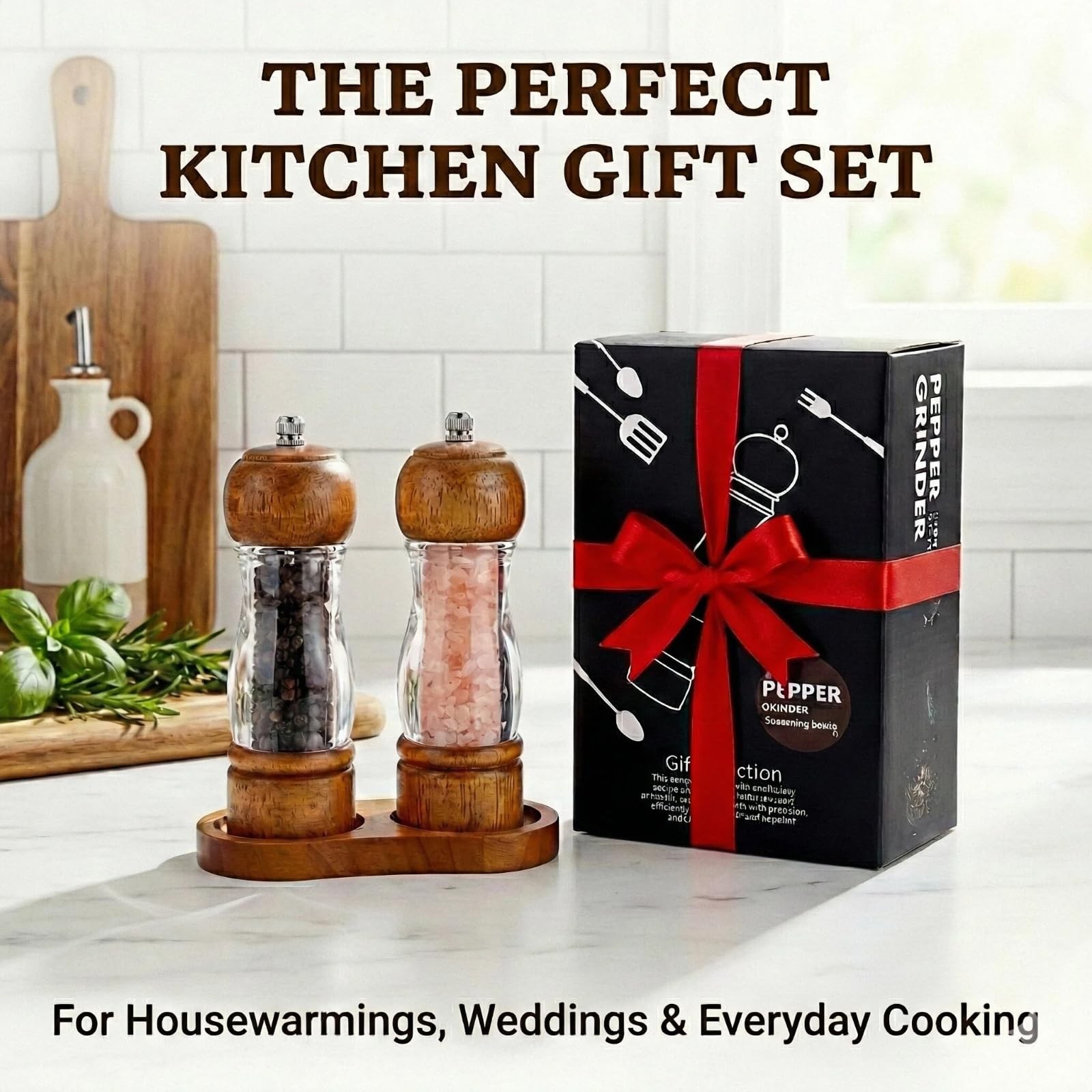 Wood Salt and Pepper Grinder Set 6.3in Adjustable Ceramic Mills w/ Tray