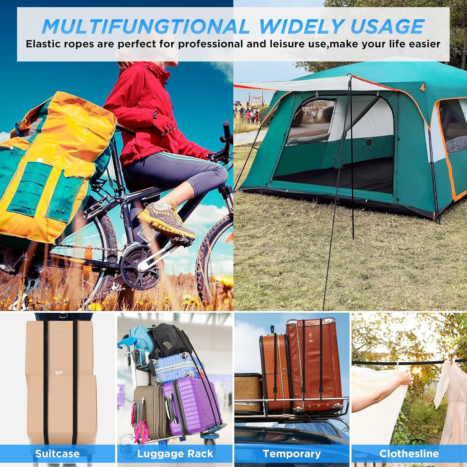 4-Pack 48 Inch Flat Bungee Cords with Hooks Premium Latex Bungie Straps Elastic