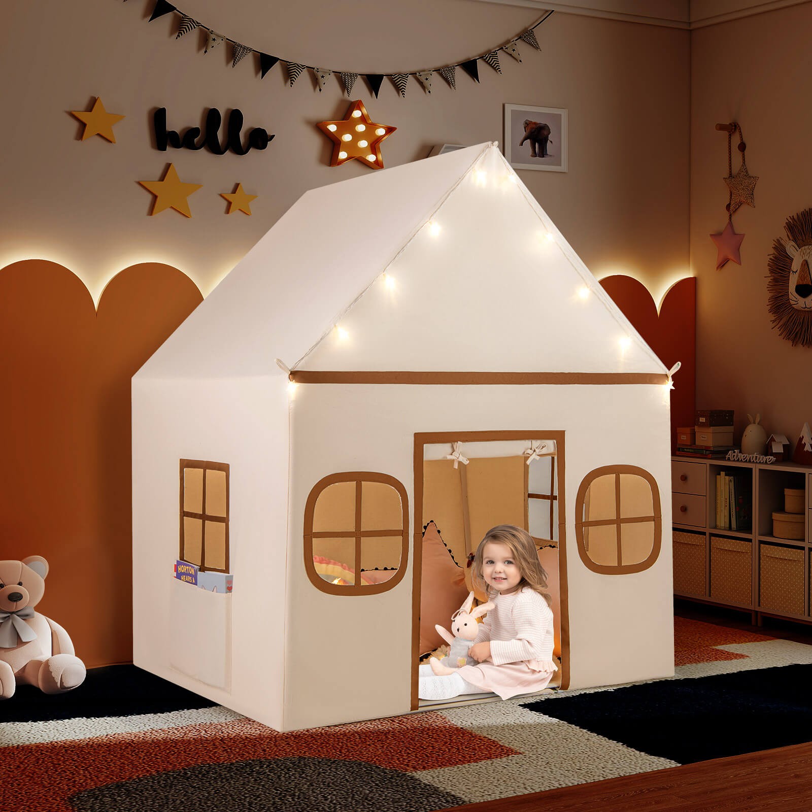 Kids Play Tent with Padded Mat, Star Lights, Side Storage Bags, Door & Windows