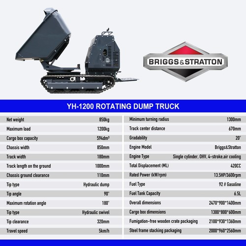 Rotation Dump Truck with B&S Engine Tracked Dumper Hydraulic Tipping Loader