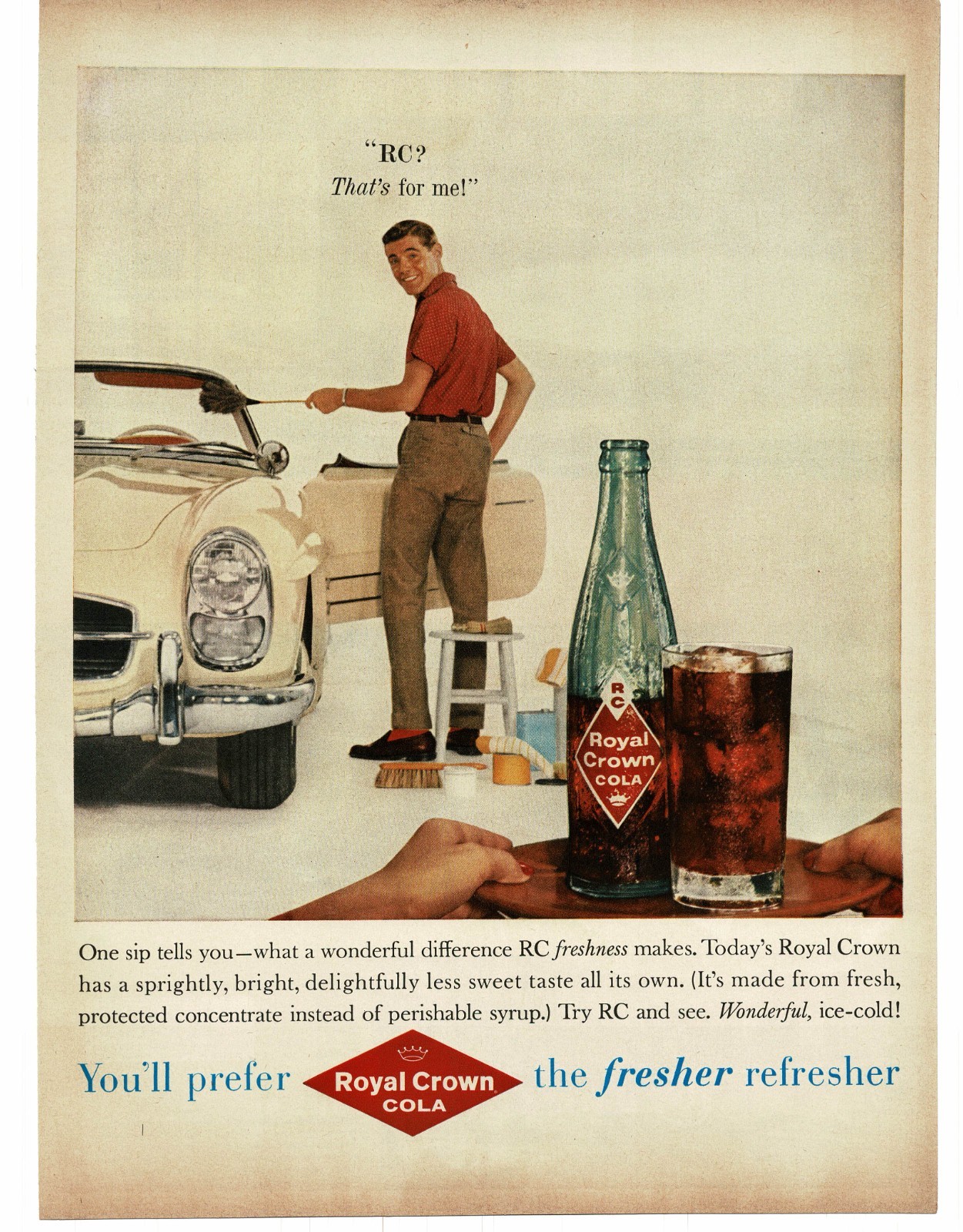 1959 RC Royal Crown Cola Soda man details Mercedes Benz 300SL Vintage Print Ad