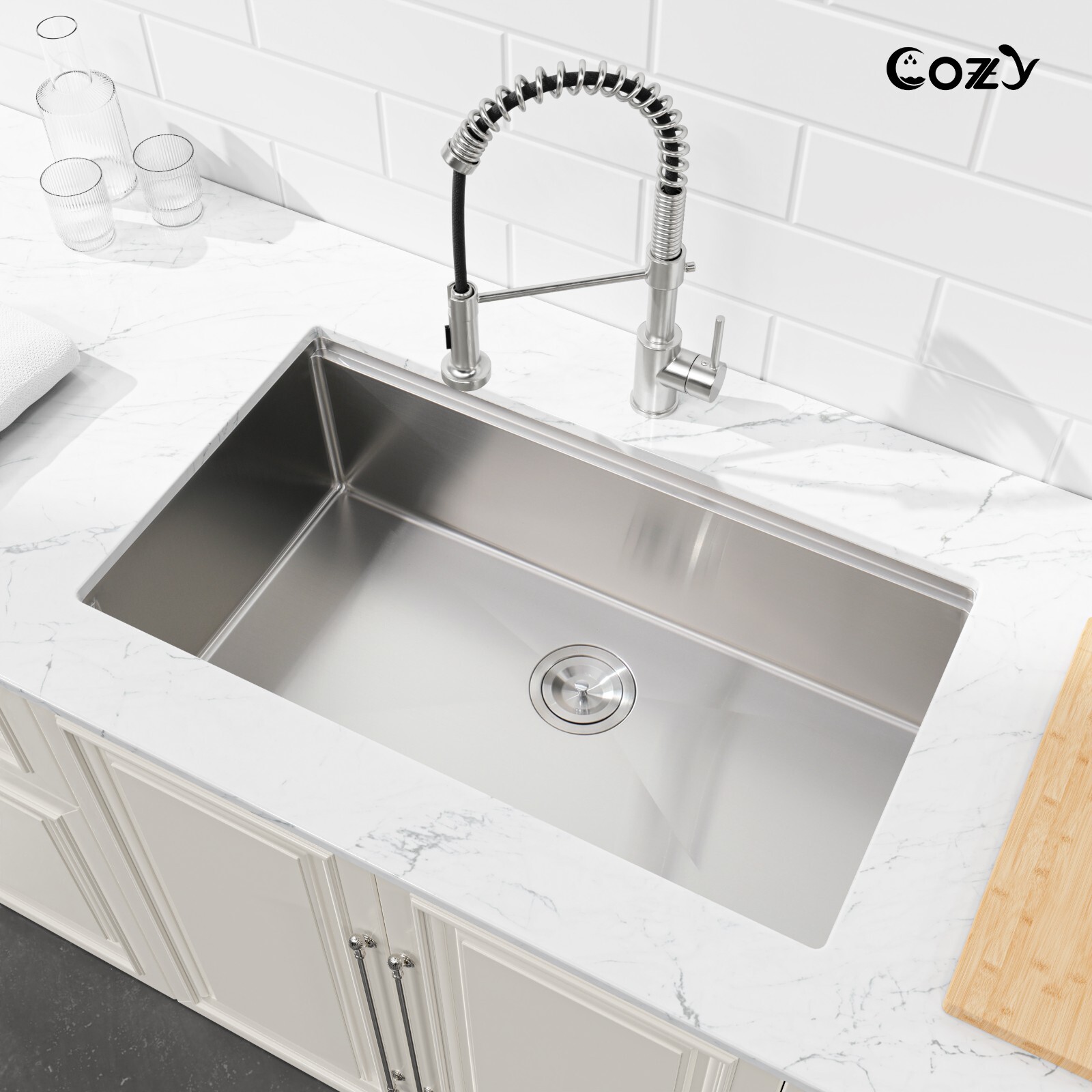 Cozy undermount stainless steel Brush sink 33x19x8 inch with accessory