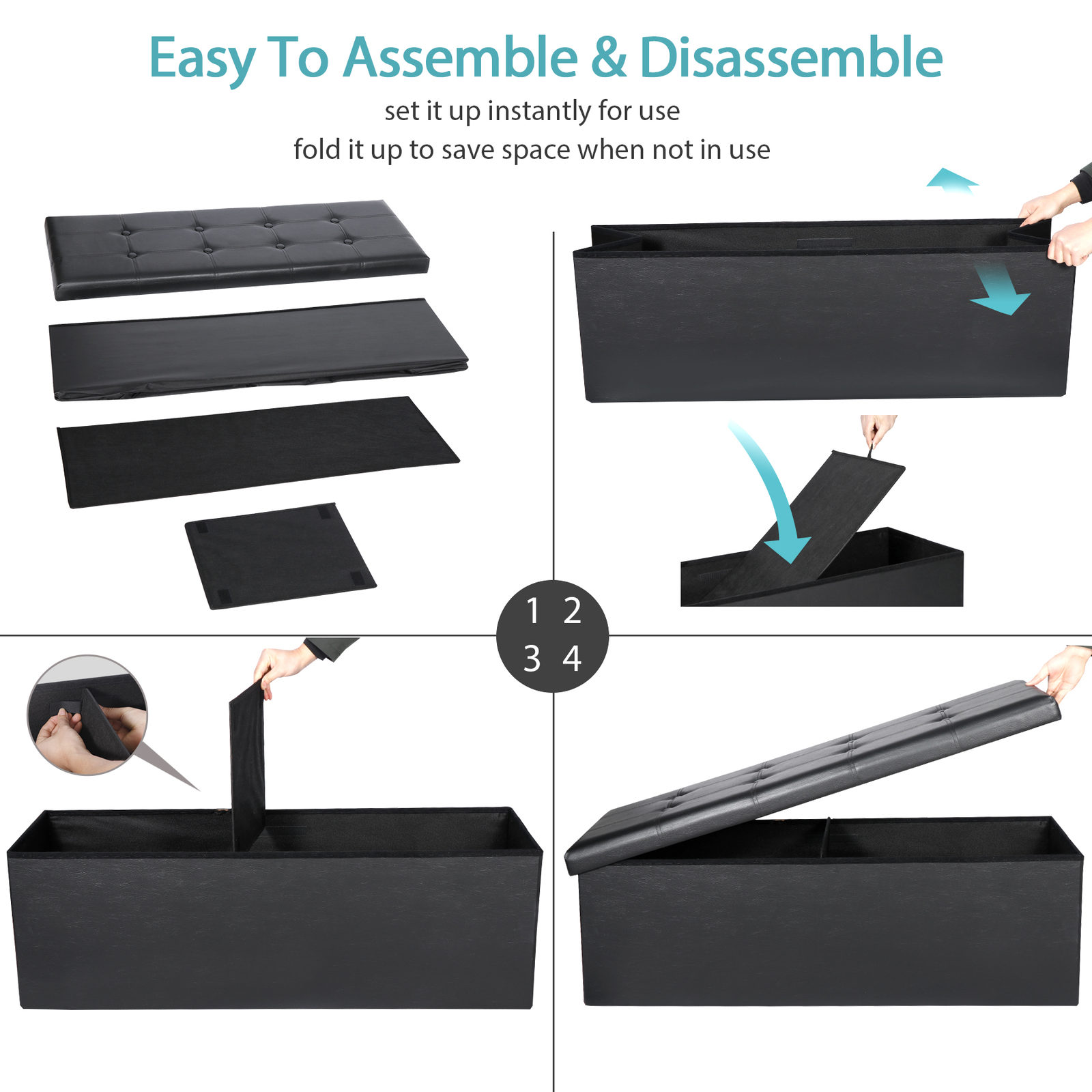 43 Inches Folding Storage Ottoman Bench Storage Chest Footrest wi/ Divider Black