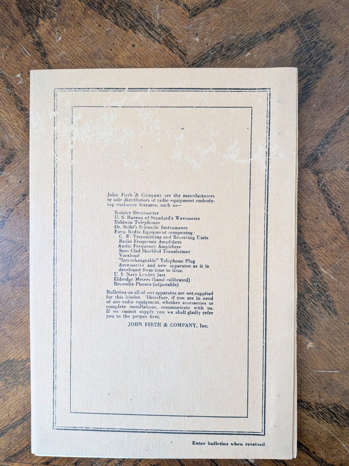 1921-22 John Firth Firco Radio Equipment Bulletin Catalog