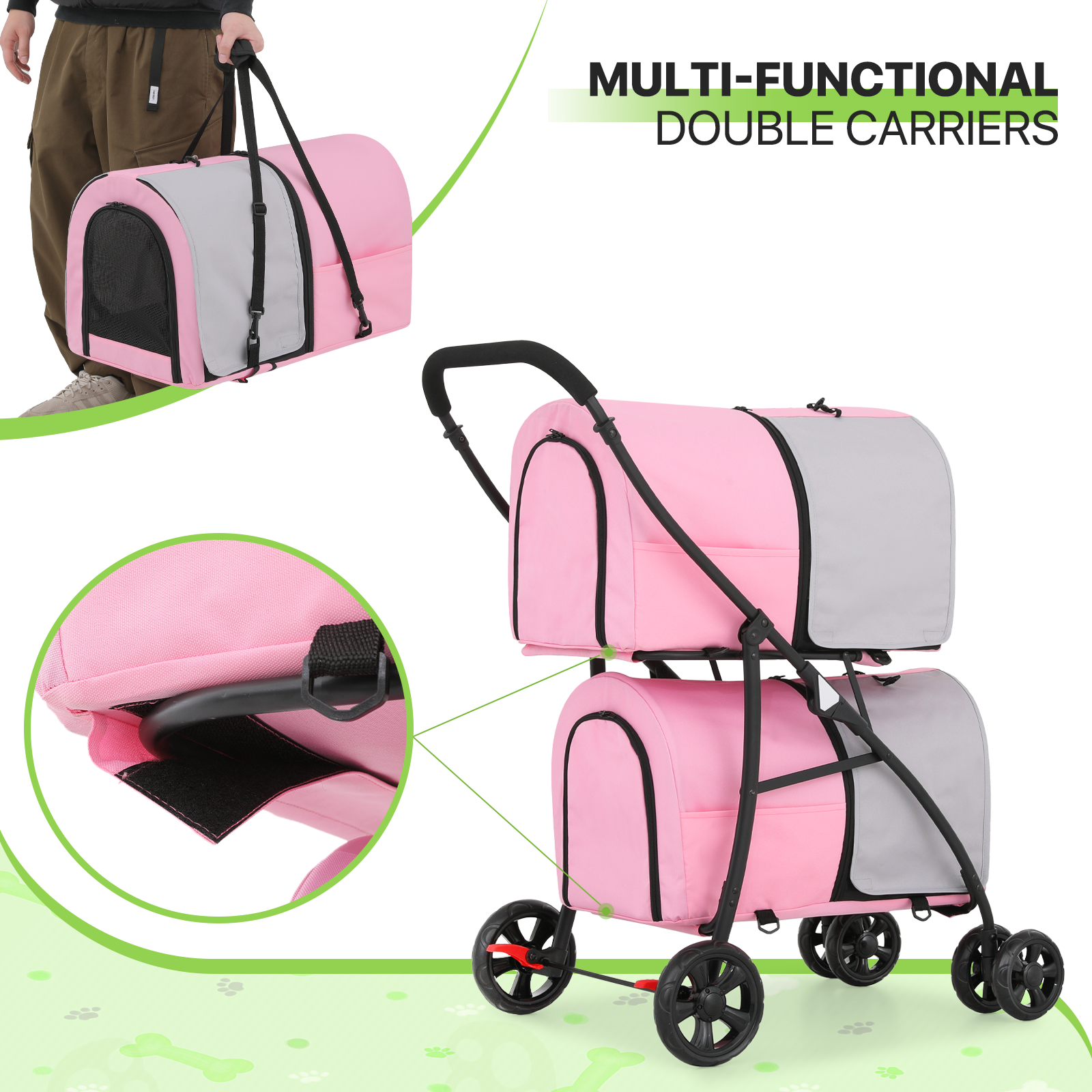 Double 4 Wheels Layer Dog Stroller Folding Carrier Cage Travel Detachable Basket