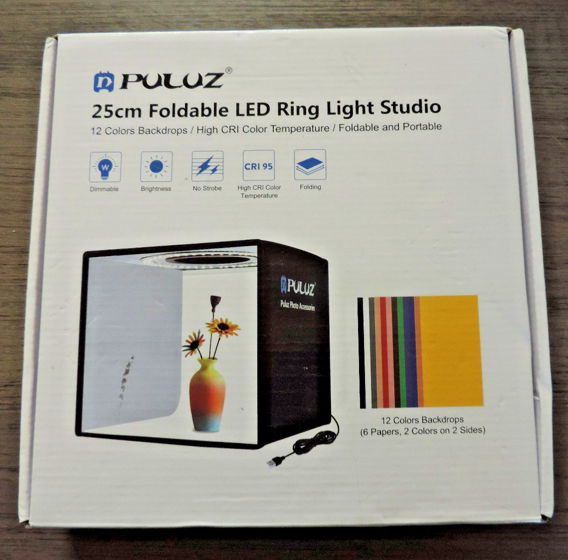 Puluz Foldable LED Ring Light Studio Box. 25cm. 12 Color Backgrounds Portable