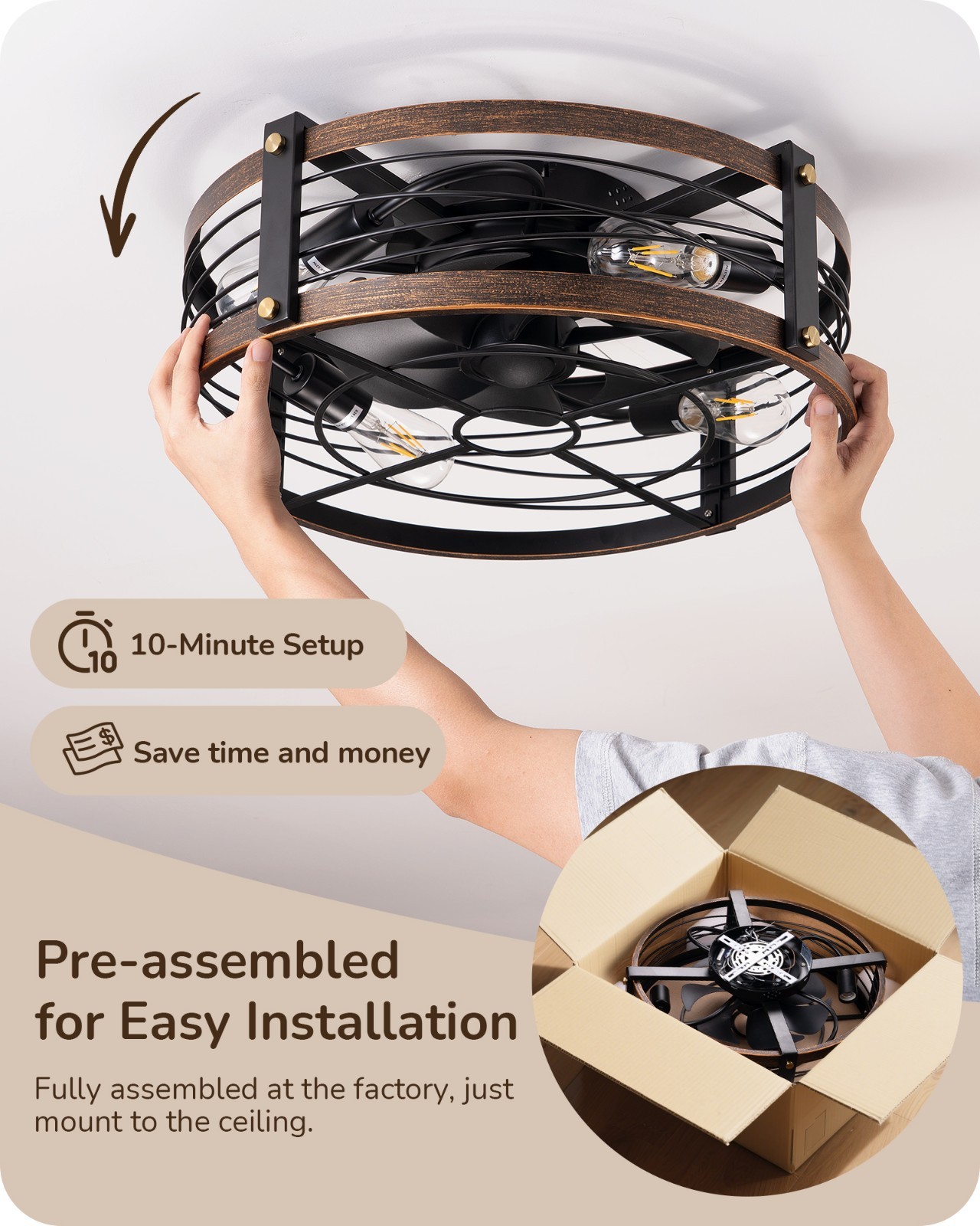 EDISHINE Pre-Assembled Ceiling Fan with Light & Remote 21" Flush Mount Farmhouse