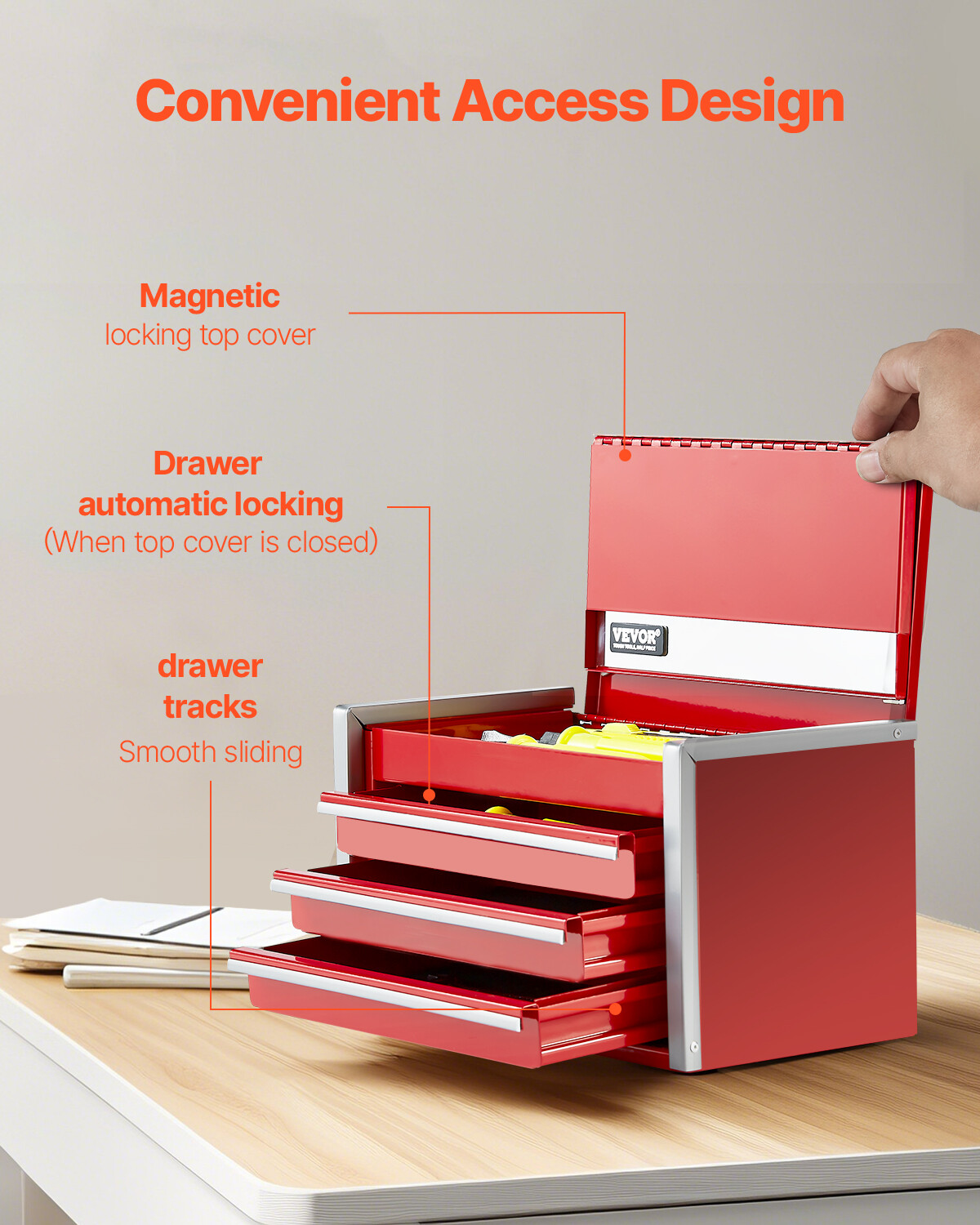 Tool Box 8.6-inch Portable Metal Tool Box 3 Drawers Tool Organizer Red