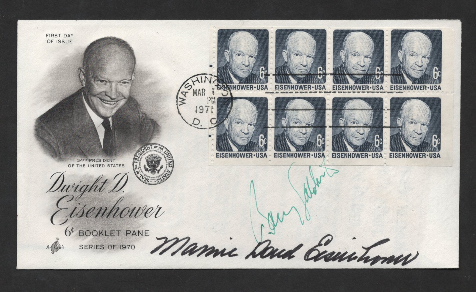 US 1971 MAMIE DOUD EISENHOWER AUTOGRAPH ON FDC OF PRESIDENT EISENHOWER BOOKLET