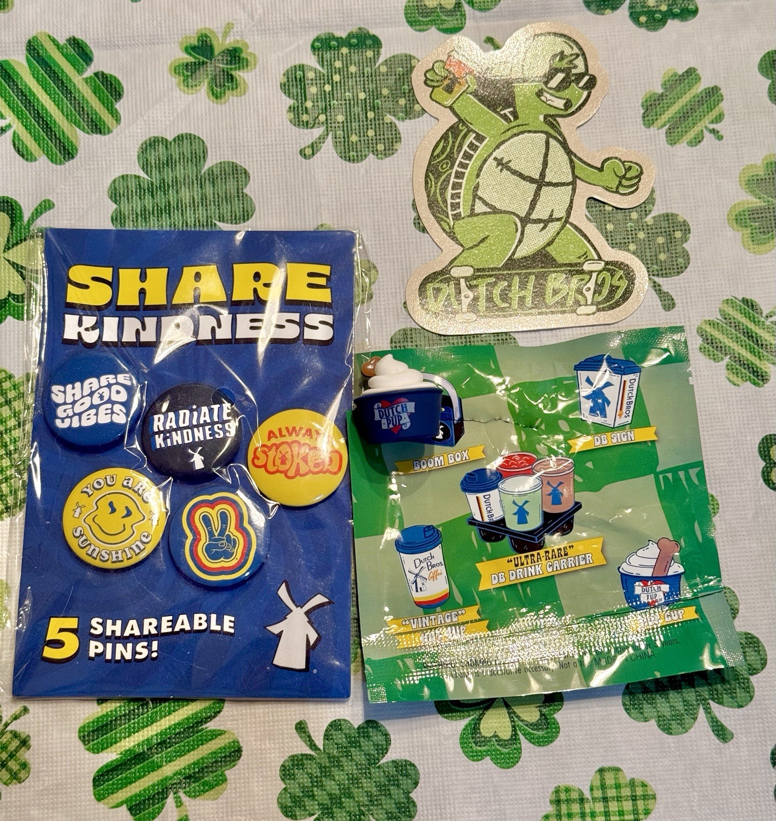 🍀 March 2026 St Paddy’s Dutch Bros Mini Charms Pup Cup With Pins & Stickers