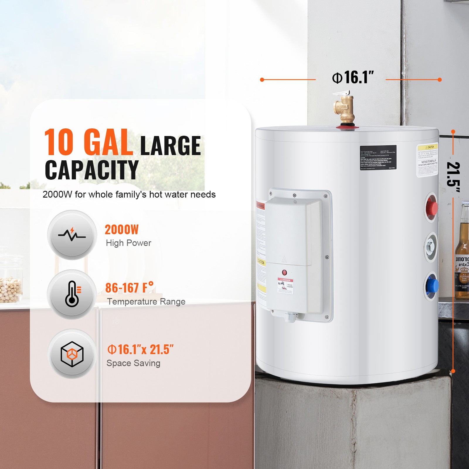 Uimoso 10 Gallon Point of Use Hot Water Heater 1.6Kw Electric Instant Compact