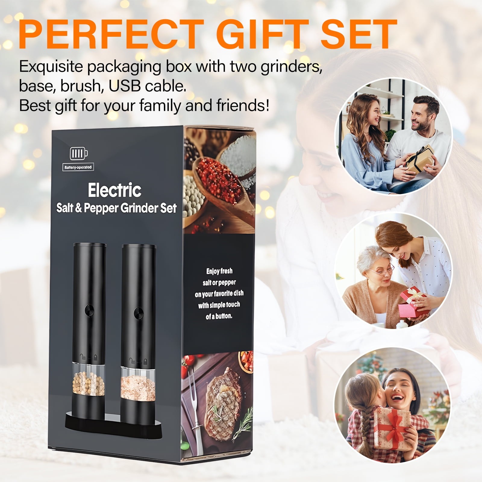 2PCS Electric Salt and Pepper Grinder Set Automatic Grinder w/ Rechargeable Base