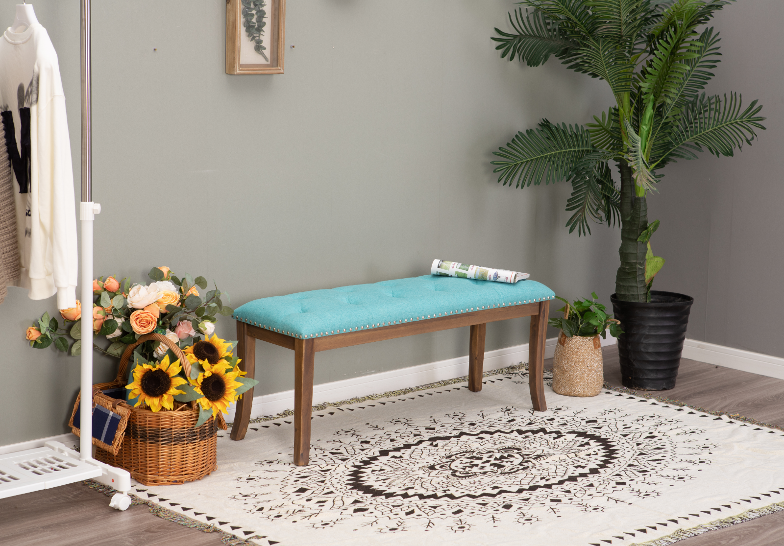 PHI VILLA 44 Inch Upholstered Entryway Bench Ottoman for Dining Room Bedroom