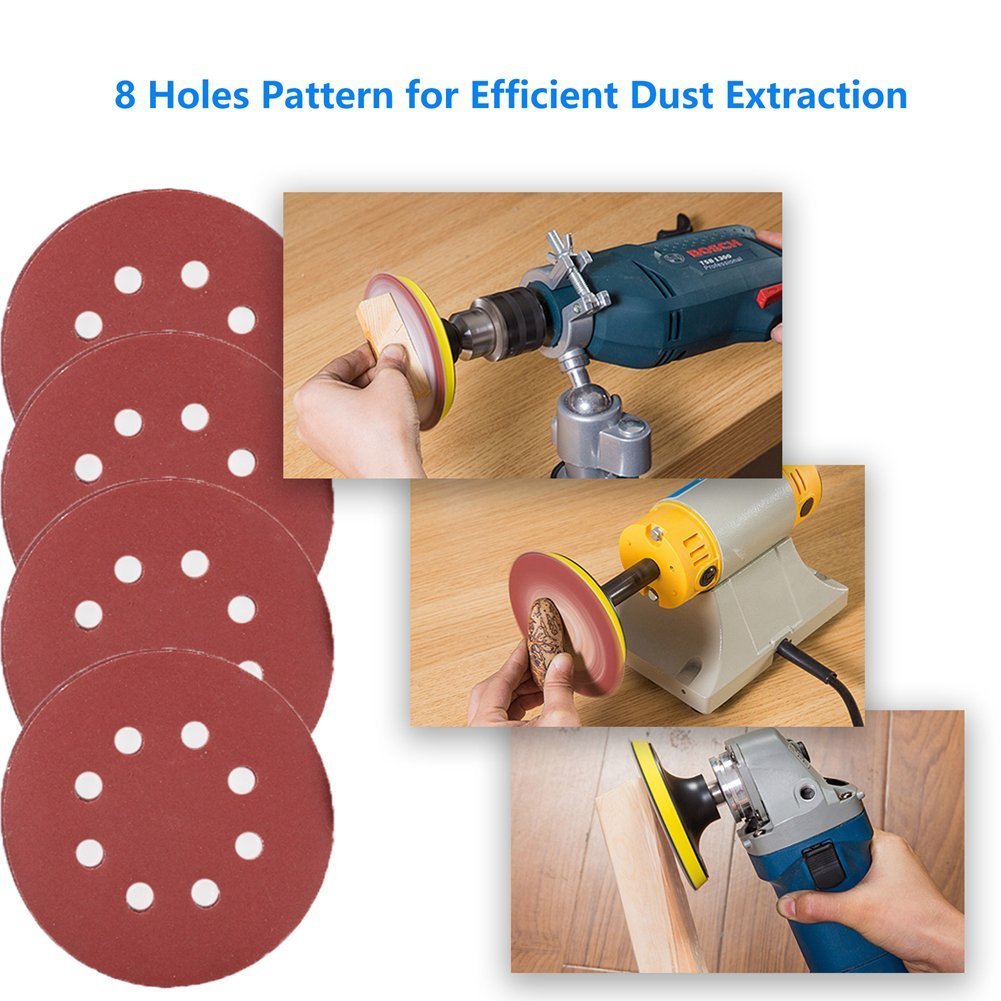 110Pcs 5in 8 Hole Sanding Discs Orbital Sandpaper Hook and Loop Assortment Grit