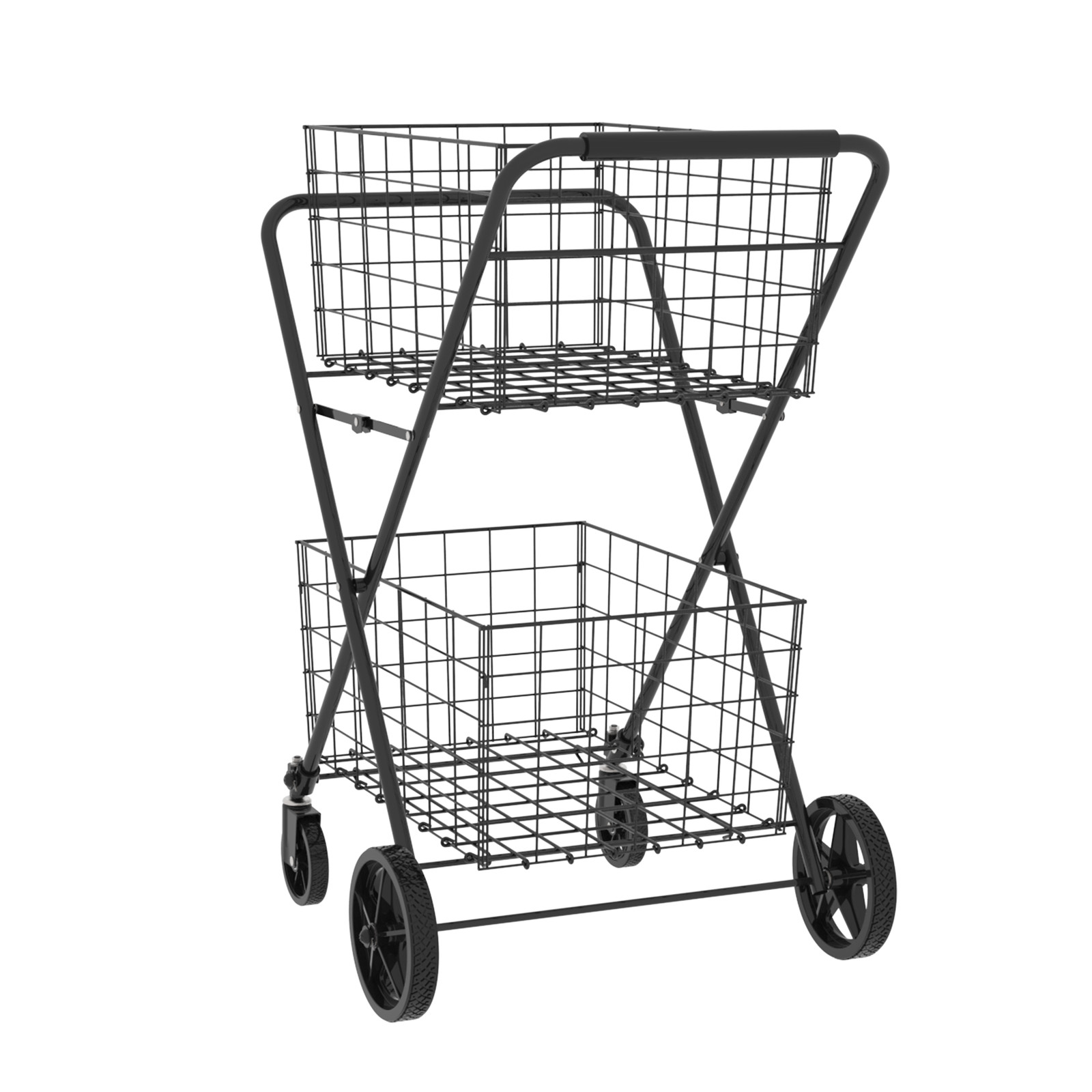 2-Tier Shopping Cart Foldable Grocery Cart Wheels Removable Storage Basket
