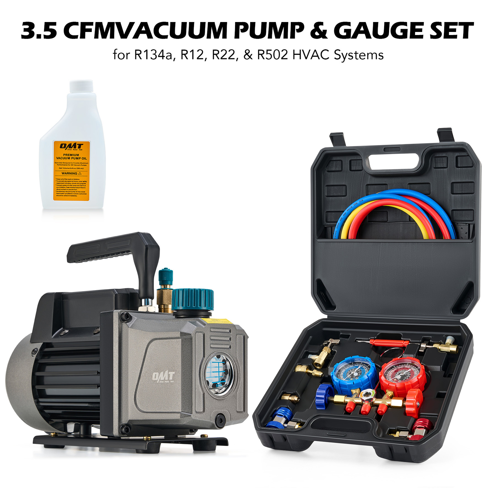 3.5cfm AC Vacuum Pump with Gauge Set for R12 R22 R134a R502 Recharge Evacuation