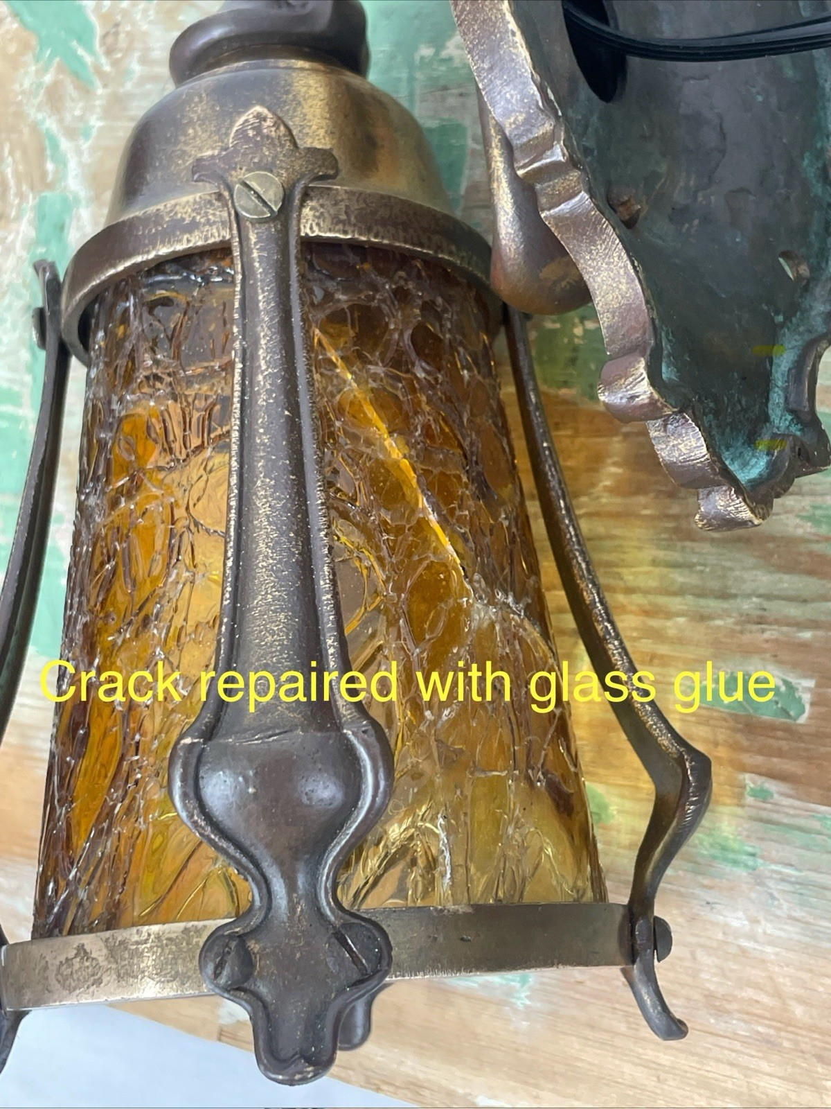 RESTORED Pair Antique Vtg Tudor Arts Crafts Wall Sconces Amber Glass Porch Light