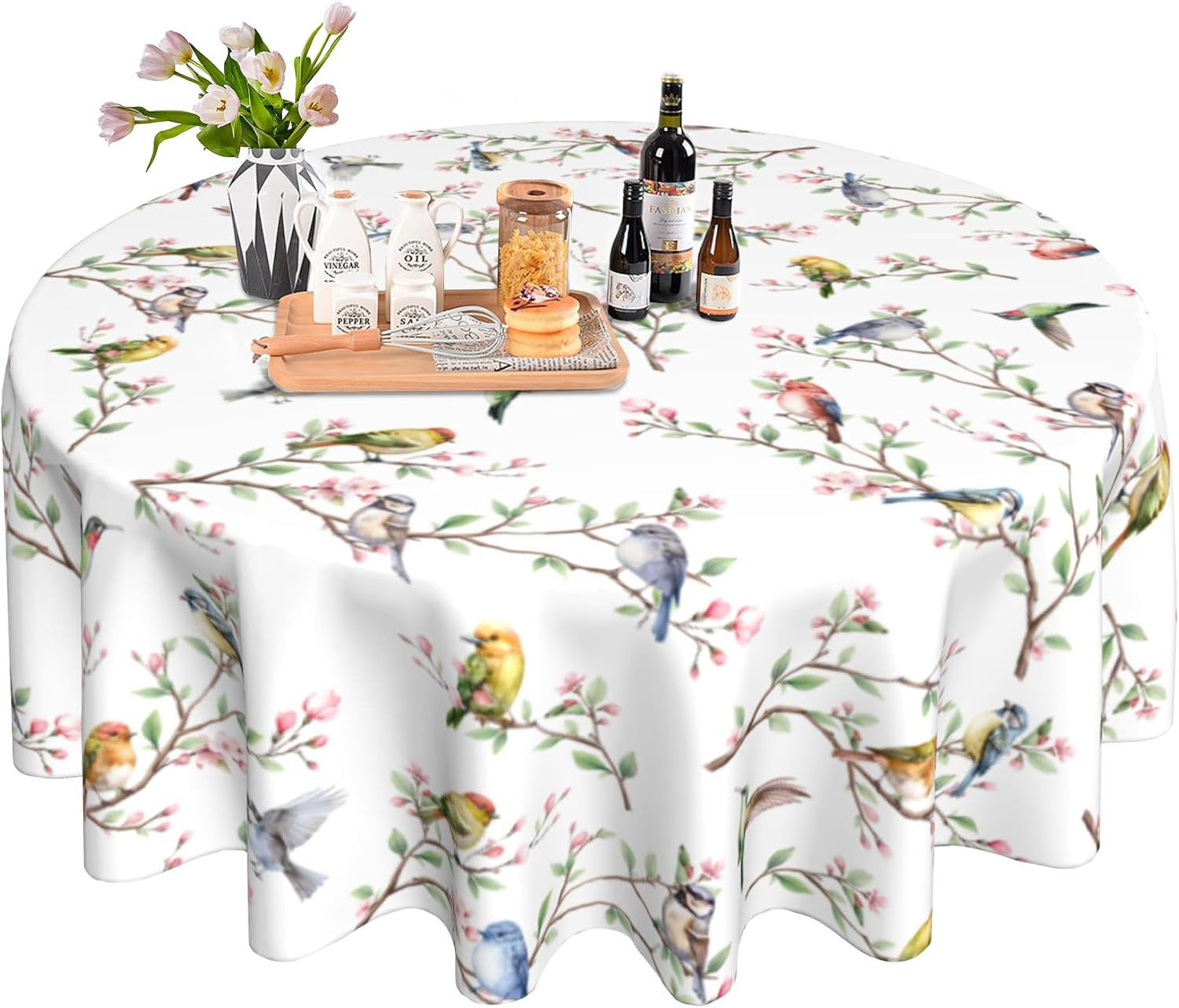 Spring Summer Tablecloth round 60 Inch, Birds Branch Floral Table Cloth Washable