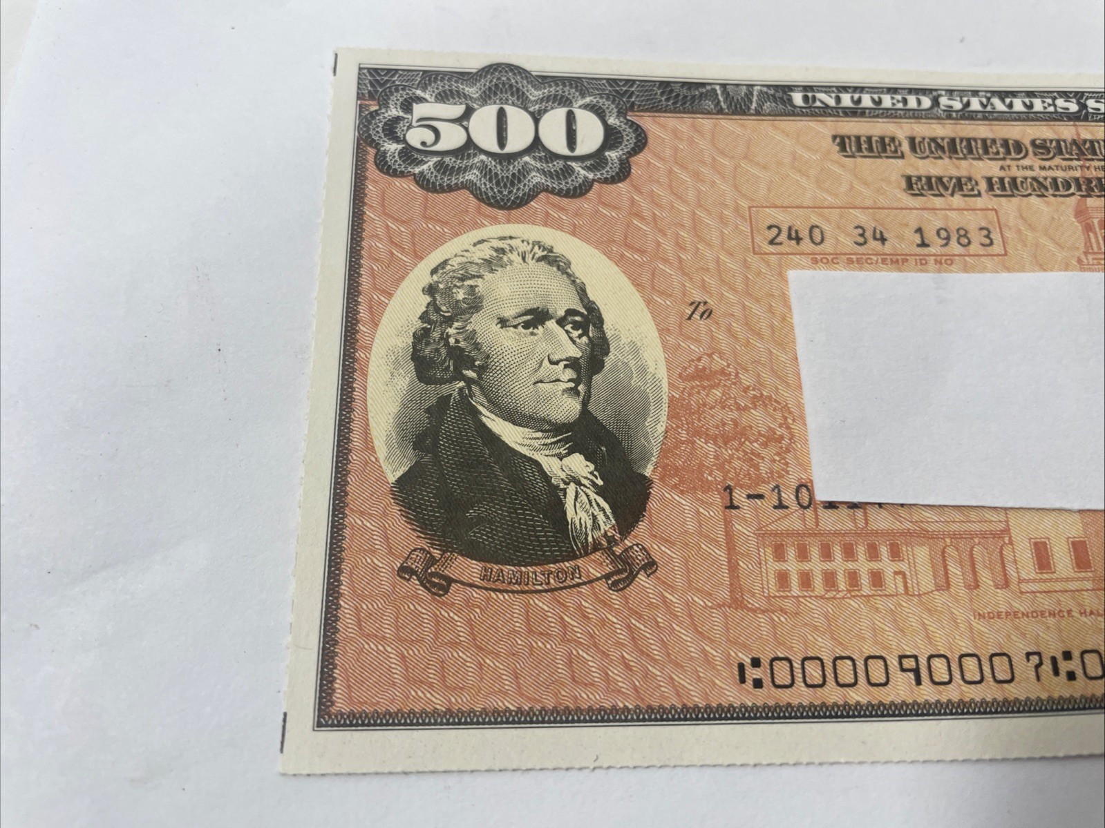 $500 UNITED STATES Savings Bond Series EE 1988 Hamilton Uncirculated Uncashed
