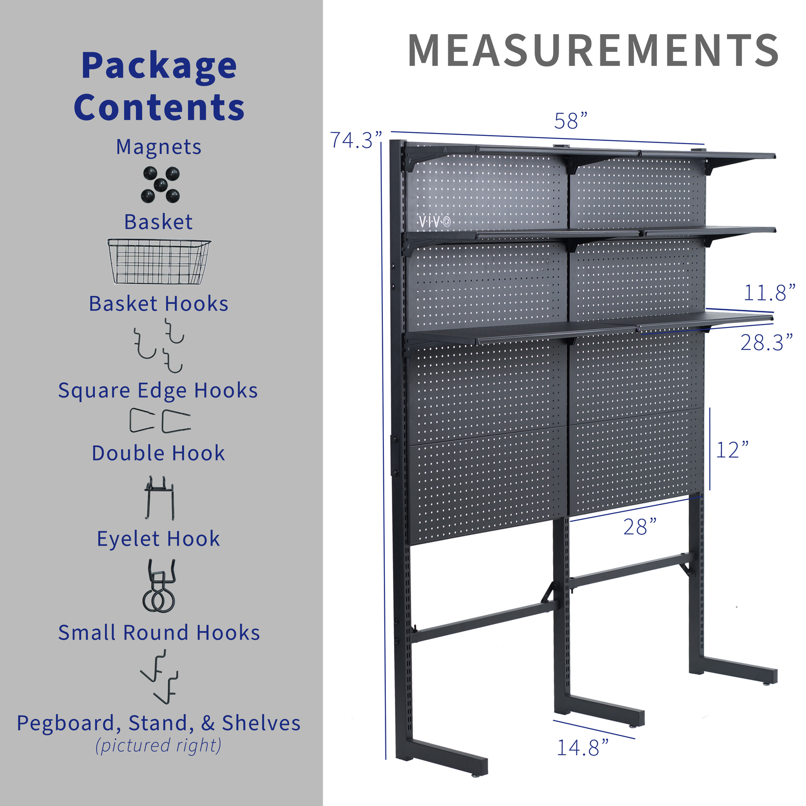 VIVO Black Freestanding Modular Pegboard System with 3 Tier Organization