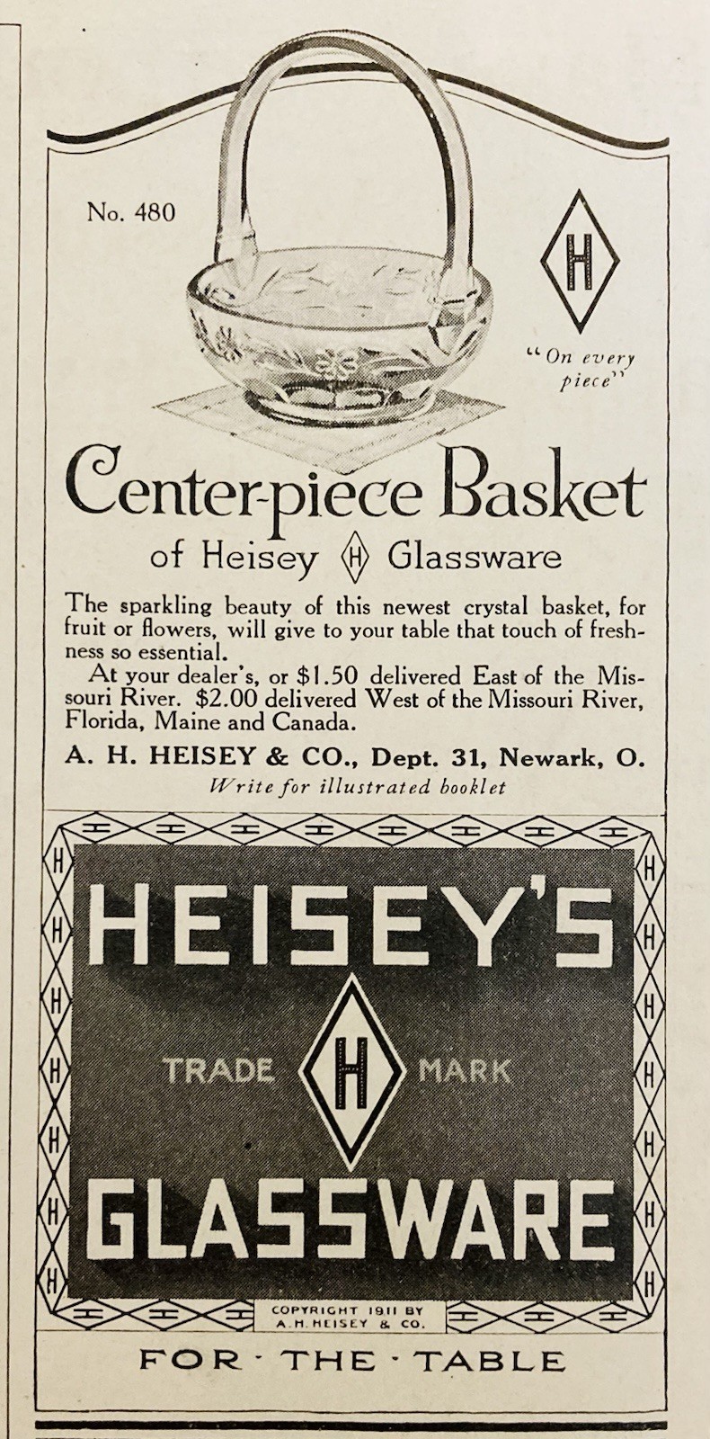 1917 AD.(N13)~A.H. HEISEY CO. NEWARK, OHIO. HEISEY’S GLASSWARE