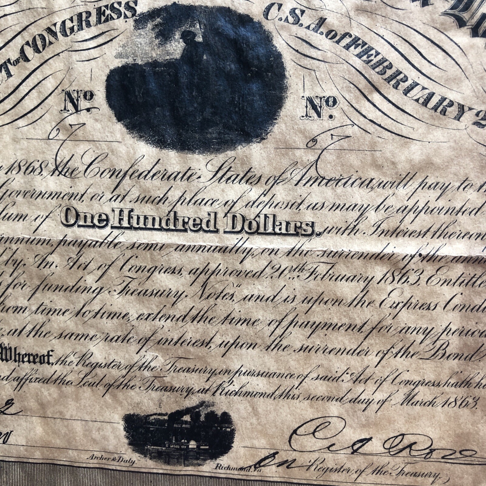 Antique Feb 1863 Confederate States of America Loan Bond #67 100$ Richmond
