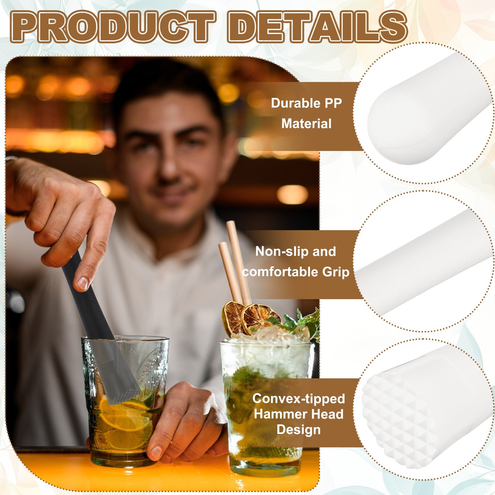 Cocktail Muddler, 8 Inch PP Drink Muddler, White (Thin)